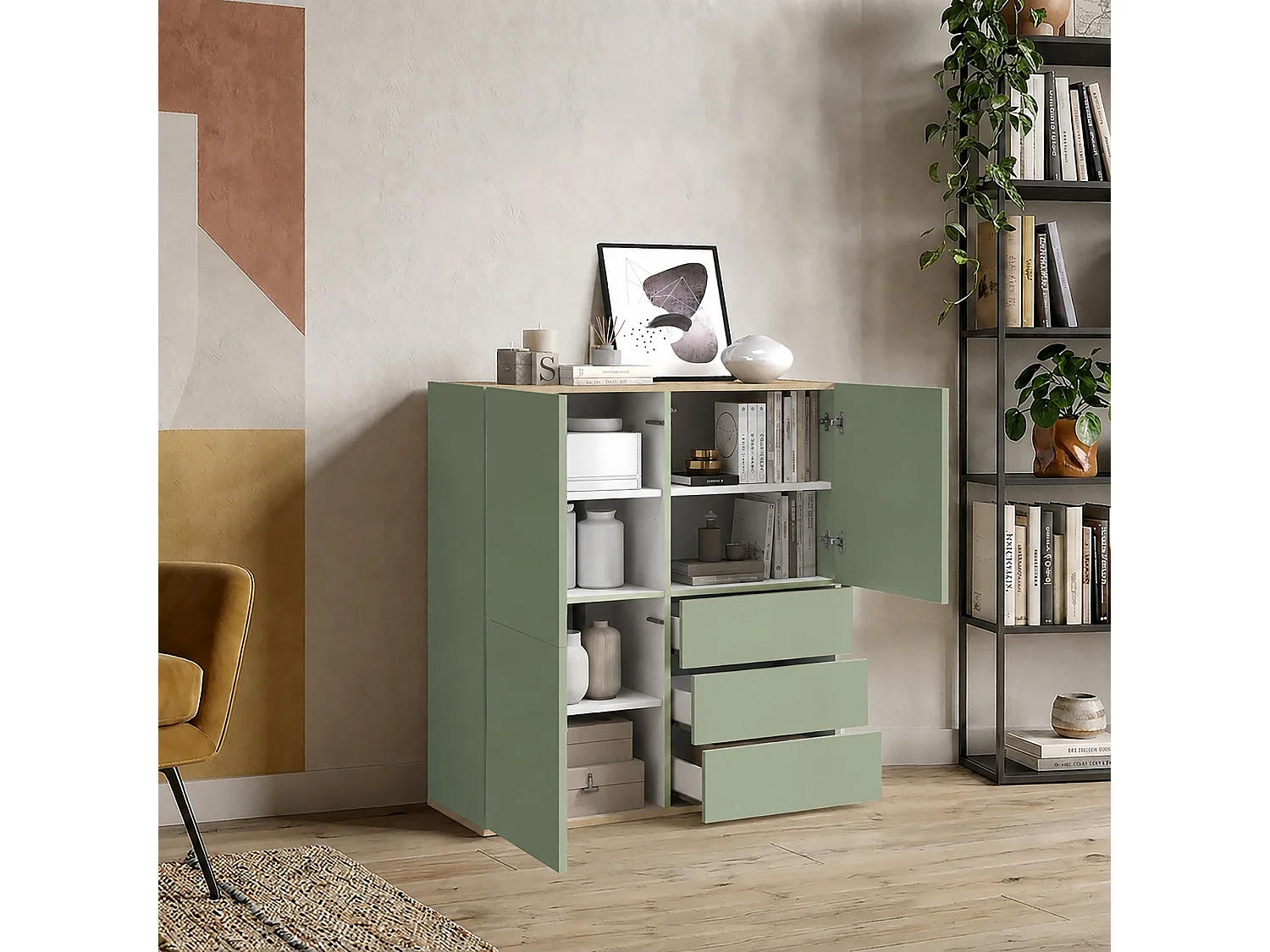 Buffet Moderne en Sauge Verte/Chêne avec 3 Portes et 3 Tiroirs 102x35x110 cm GARDA