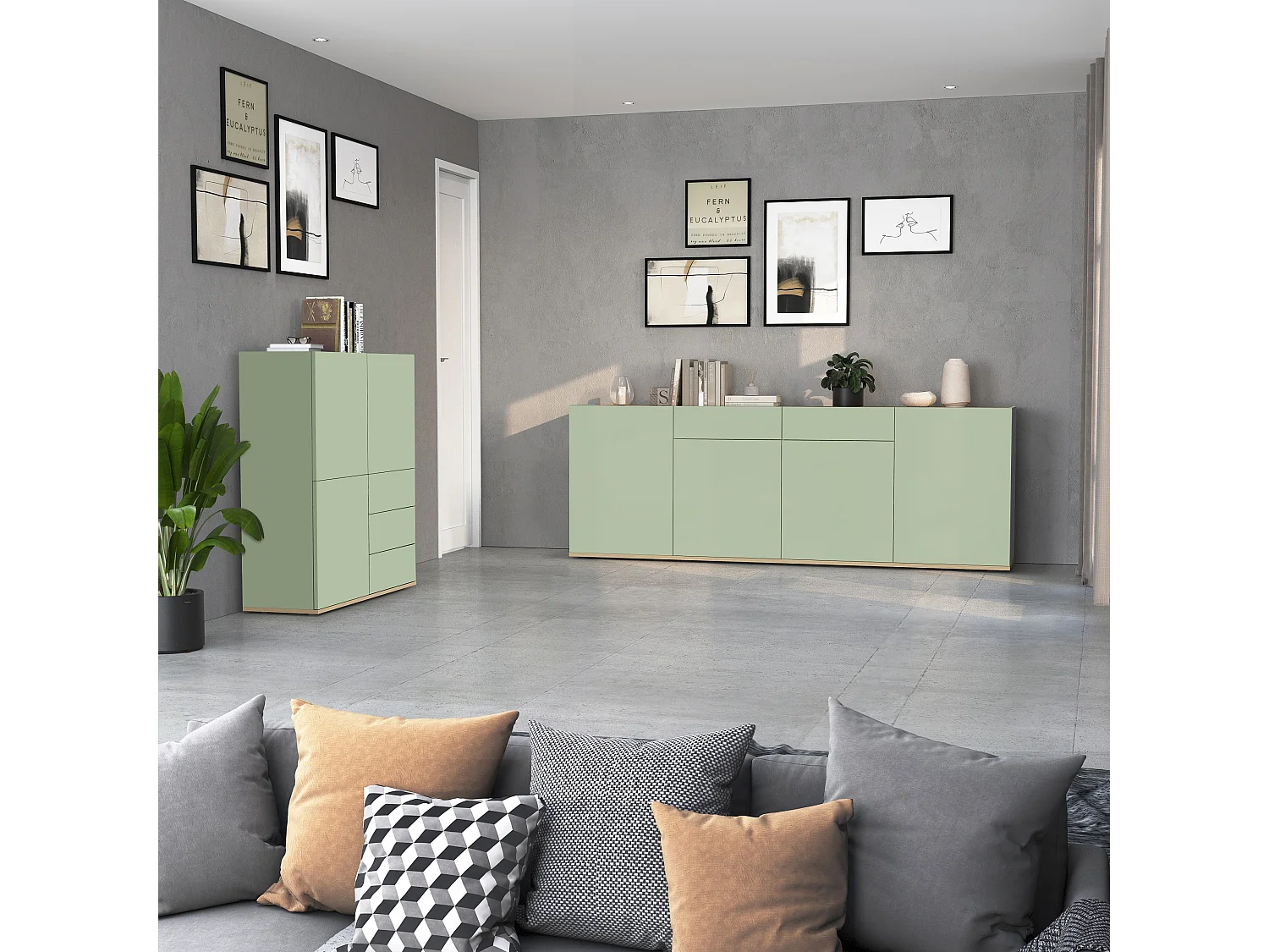 Buffet Moderne en Sauge Verte/Chêne avec 3 Portes et 3 Tiroirs 102x35x110 cm GARDA