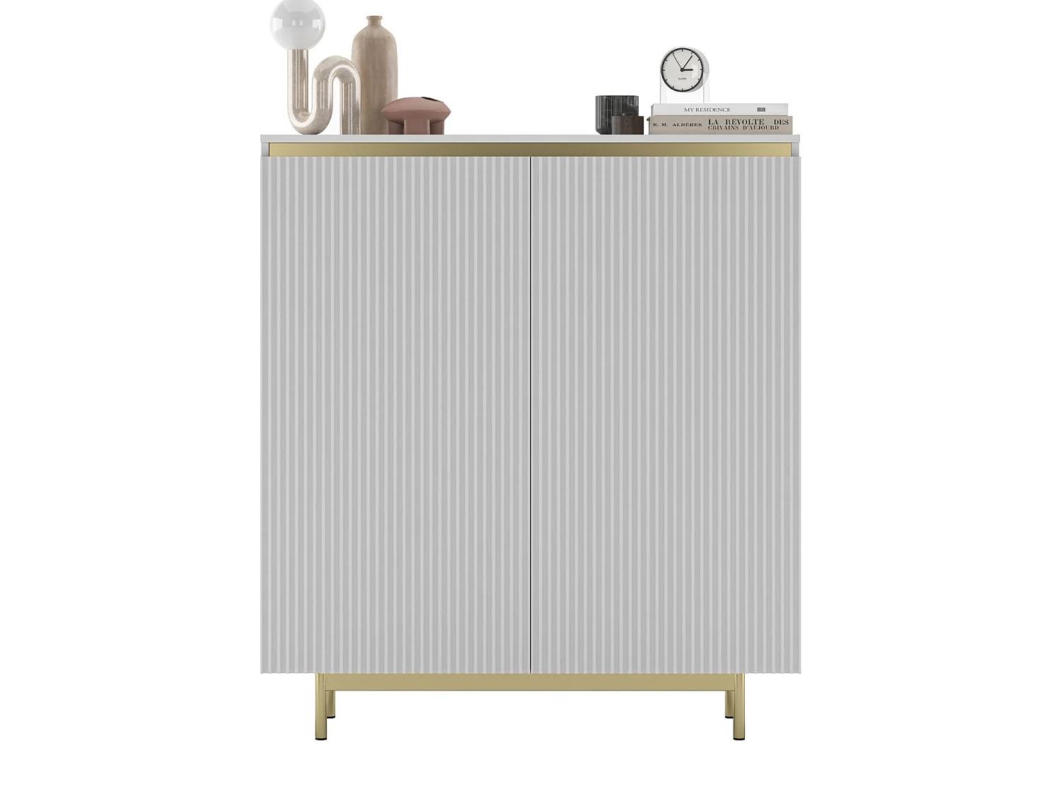Commode à 2 portes – corps blanc mat, façades rainurées blanc mat – 111 cm, Cadre en métal doré