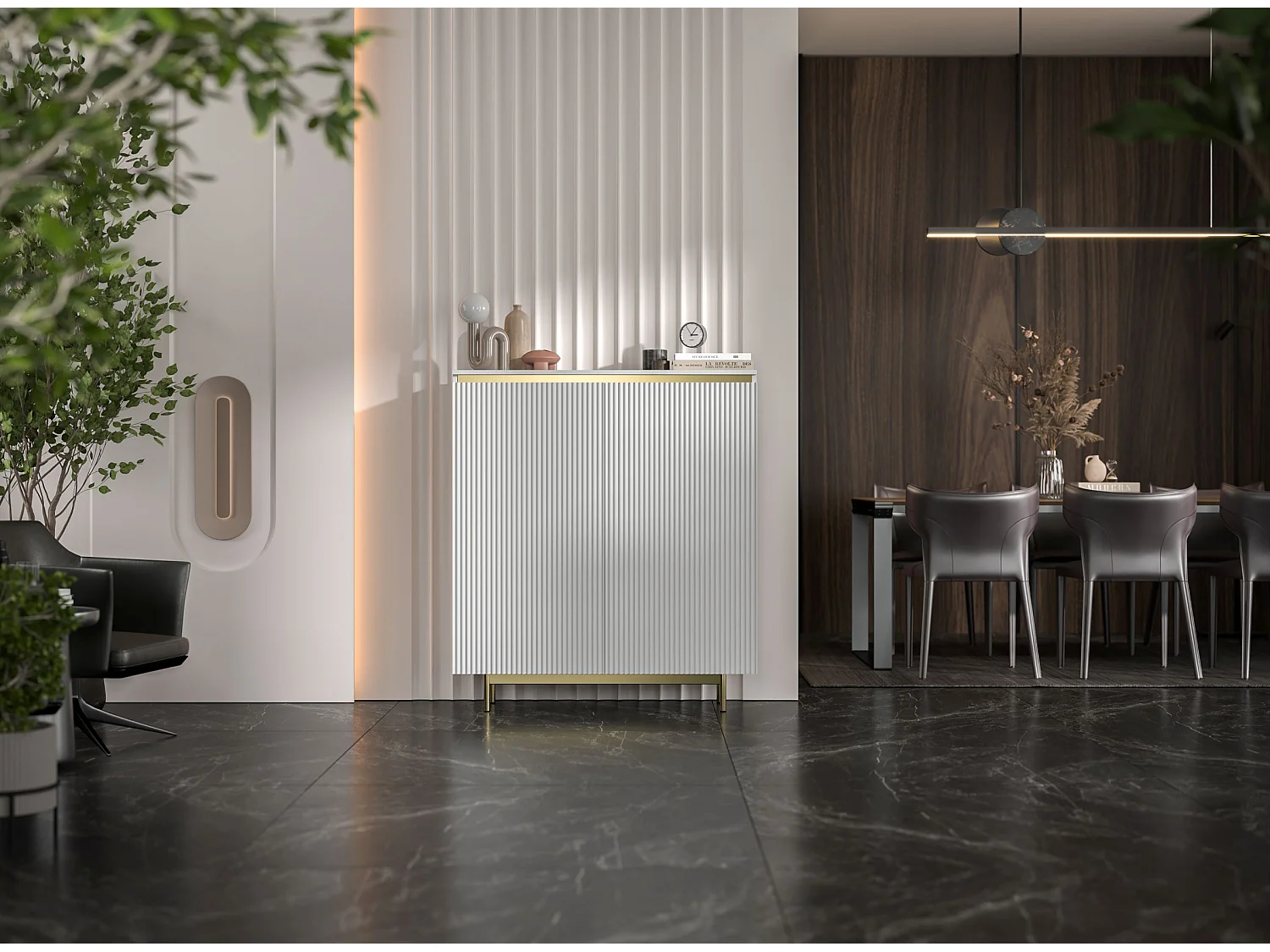 Commode à 2 portes – corps blanc mat, façades rainurées blanc mat – 111 cm, Cadre en métal doré