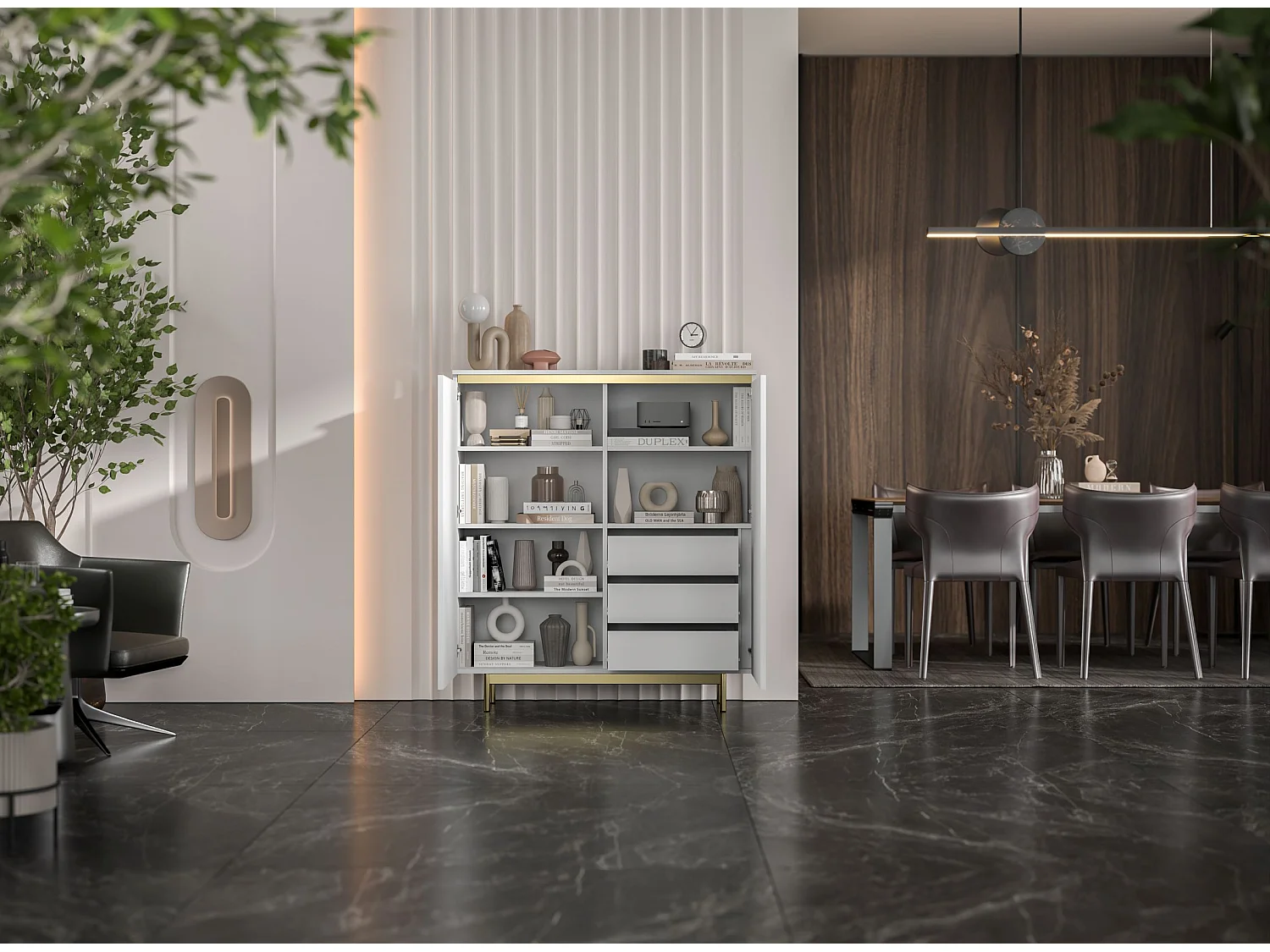 Commode à 2 portes – corps blanc mat, façades rainurées blanc mat – 111 cm, Cadre en métal doré