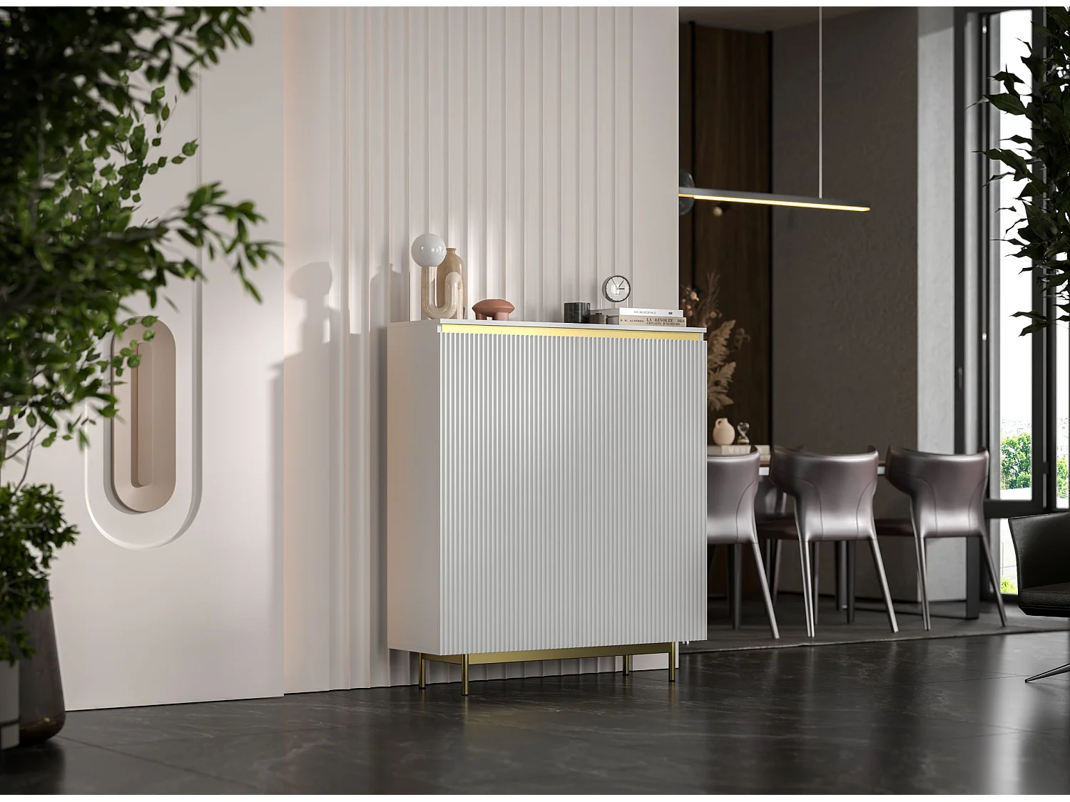 Commode à 2 portes – corps blanc mat, façades rainurées blanc mat – 111 cm, Cadre en métal doré