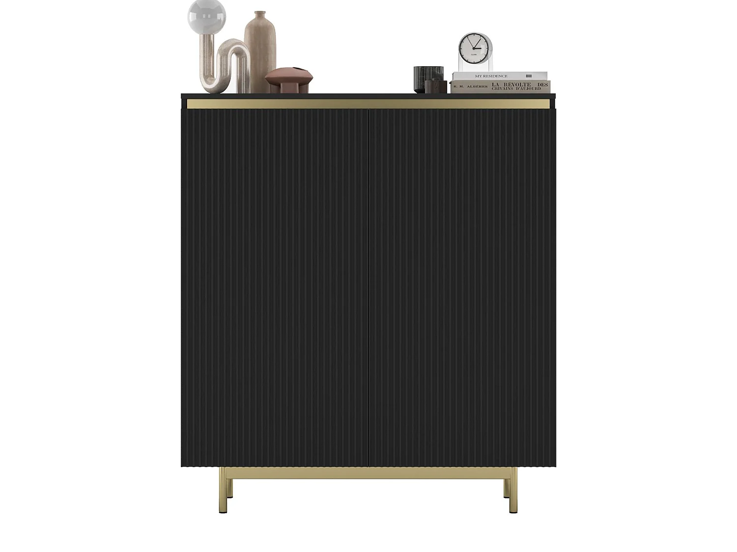 Commode à 2 portes – corps noir mat, façades rainurées noir mat – 111 cm, Cadre en métal doré