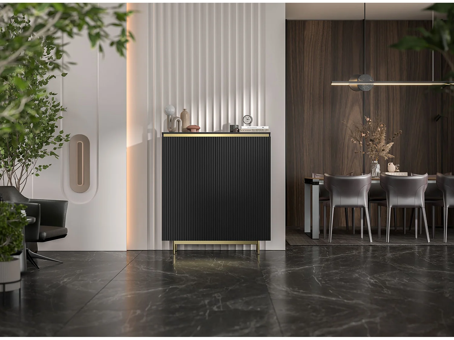 Commode à 2 portes – corps noir mat, façades rainurées noir mat – 111 cm, Cadre en métal doré