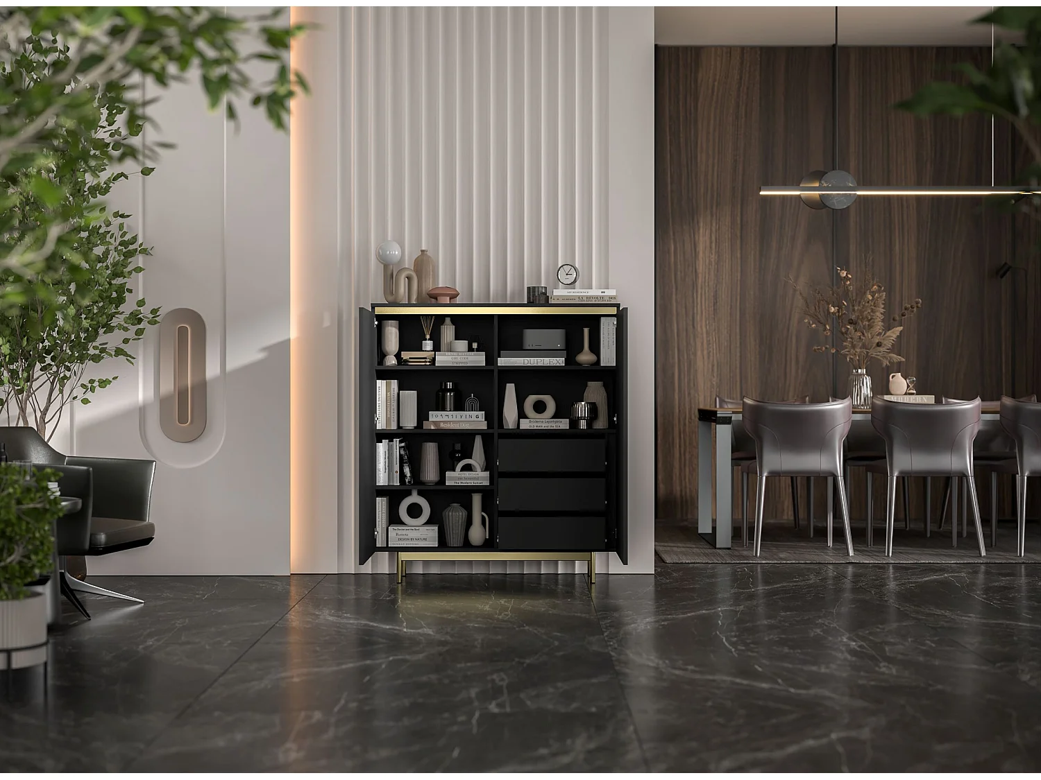Commode à 2 portes – corps noir mat, façades rainurées noir mat – 111 cm, Cadre en métal doré
