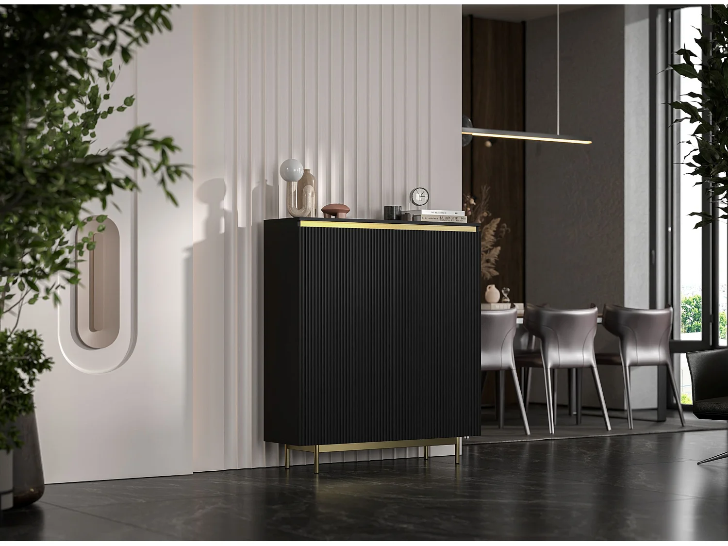 Commode à 2 portes – corps noir mat, façades rainurées noir mat – 111 cm, Cadre en métal doré