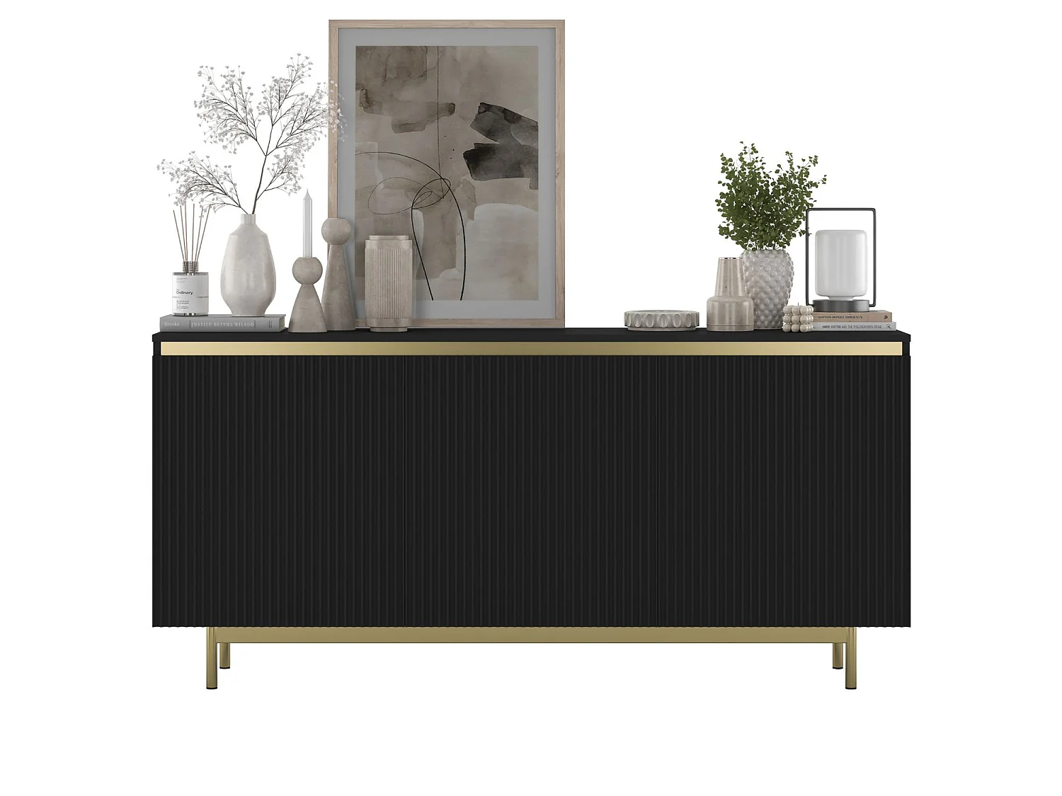 Commode à 3 portes – corps noir mat, façades rainurées noir mat – 167 cm, Cadre en métal doré