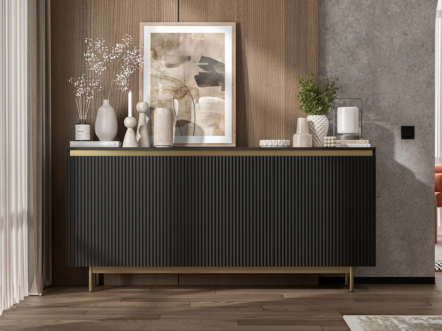 Commode à 3 portes – corps noir mat, façades rainurées noir mat – 167 cm, Cadre en métal doré