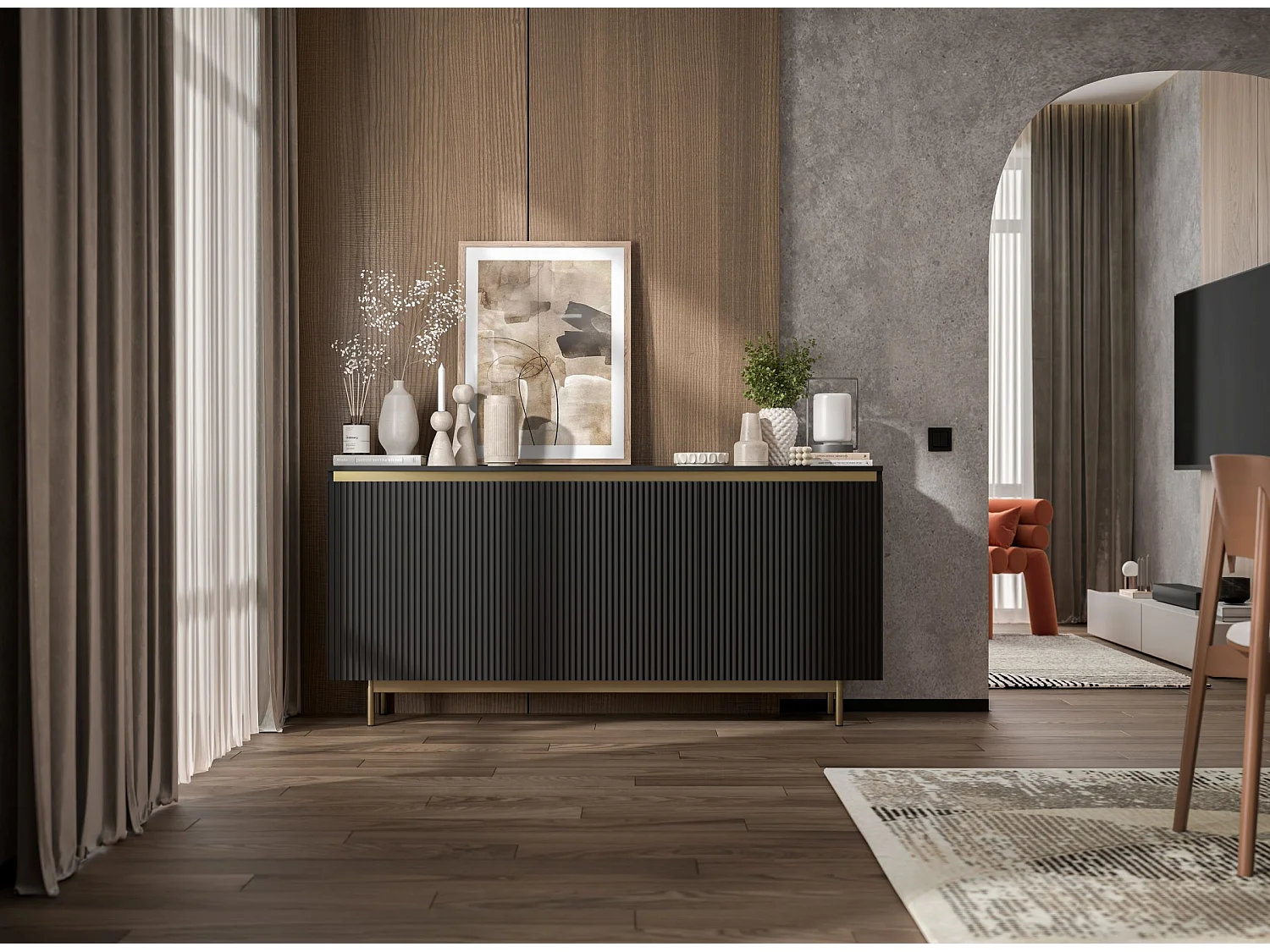 Commode à 3 portes – corps noir mat, façades rainurées noir mat – 167 cm, Cadre en métal doré