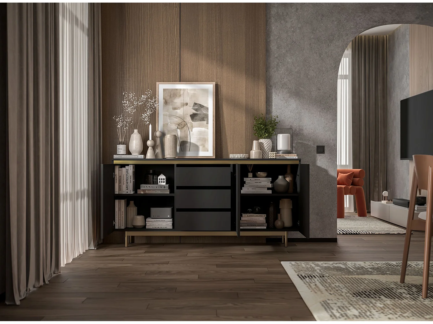 Commode à 3 portes – corps noir mat, façades rainurées noir mat – 167 cm, Cadre en métal doré