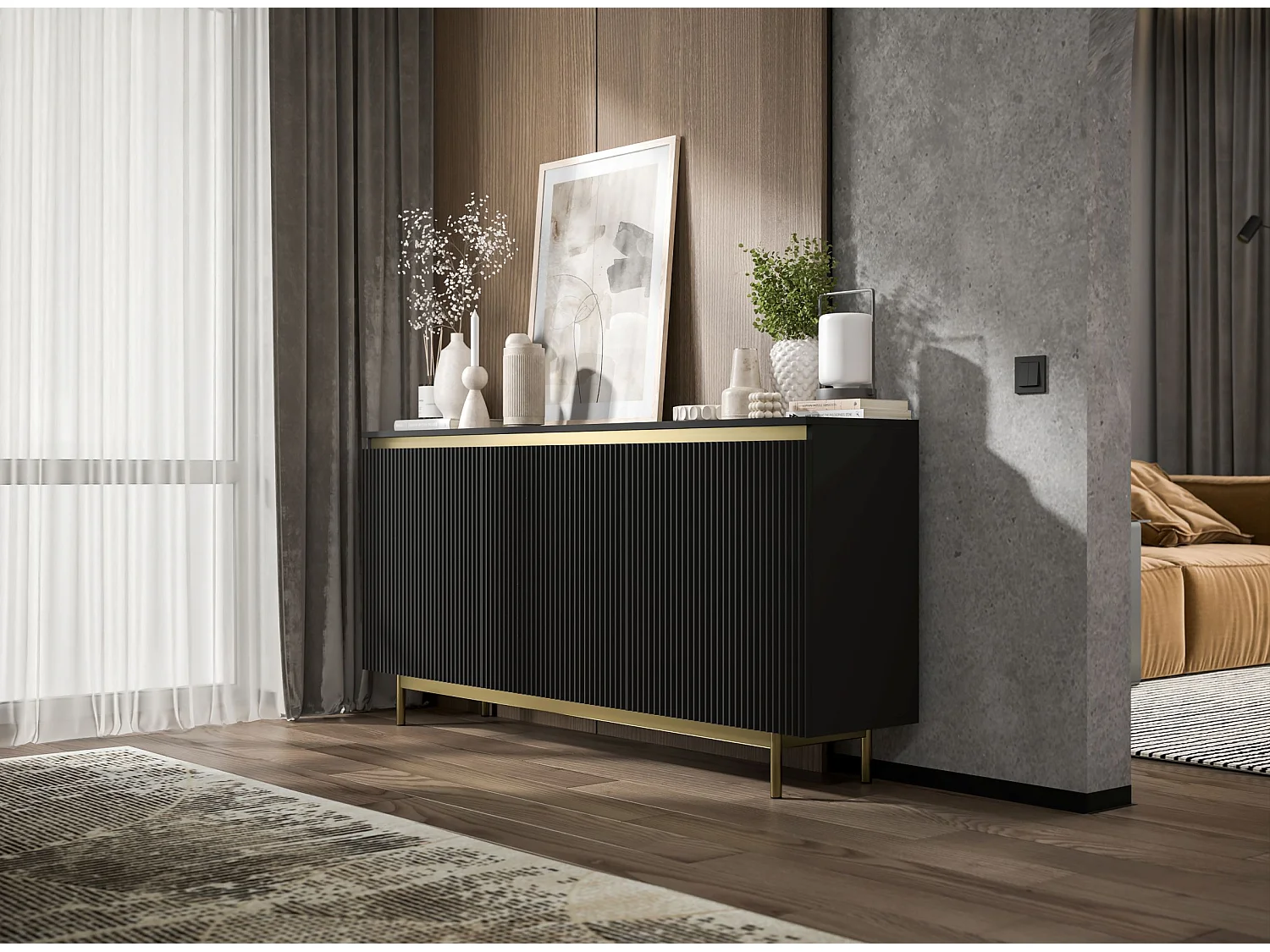 Commode à 3 portes – corps noir mat, façades rainurées noir mat – 167 cm, Cadre en métal doré
