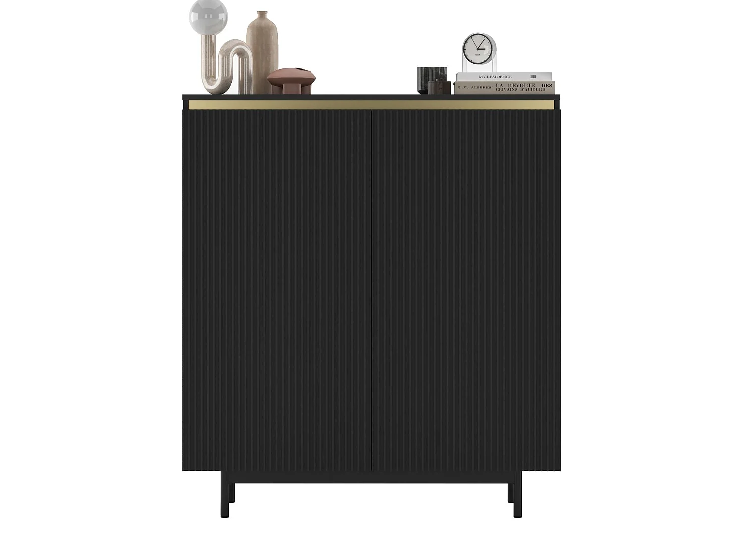Commode à 2 portes – corps noir mat, façades rainurées noir mat – 111 cm, Cadre en métal noir