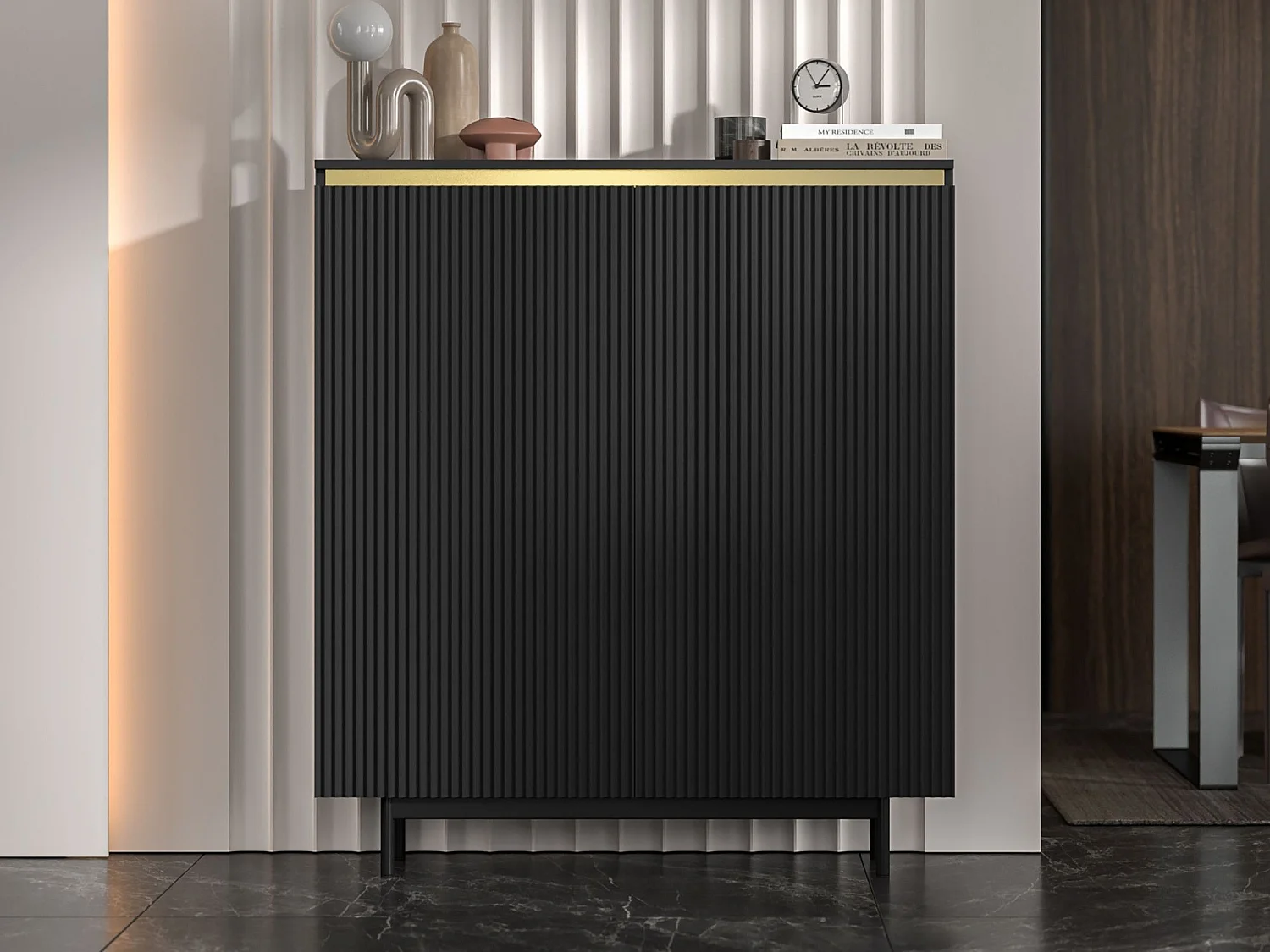 Commode à 2 portes – corps noir mat, façades rainurées noir mat – 111 cm, Cadre en métal noir