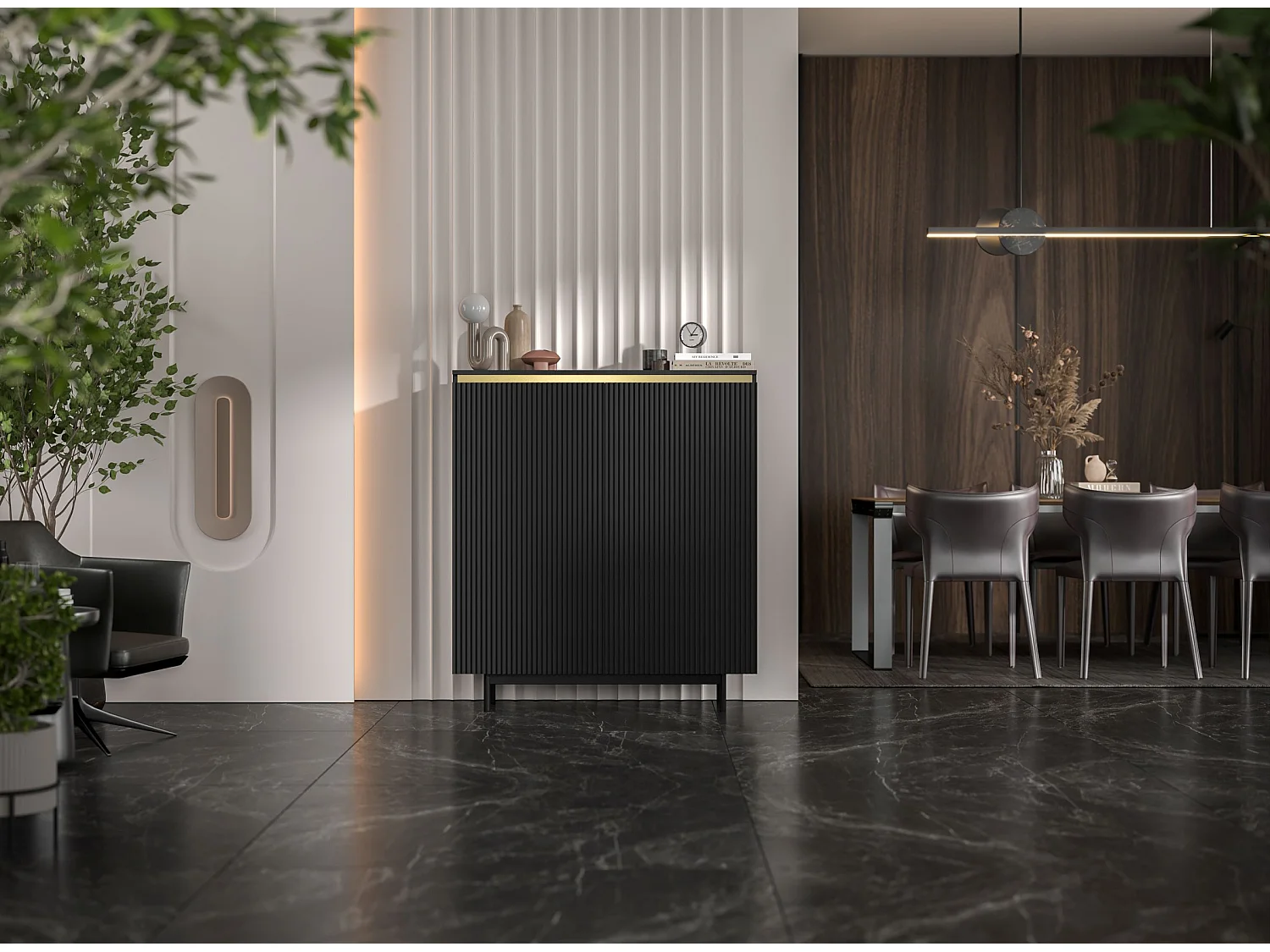 Commode à 2 portes – corps noir mat, façades rainurées noir mat – 111 cm, Cadre en métal noir