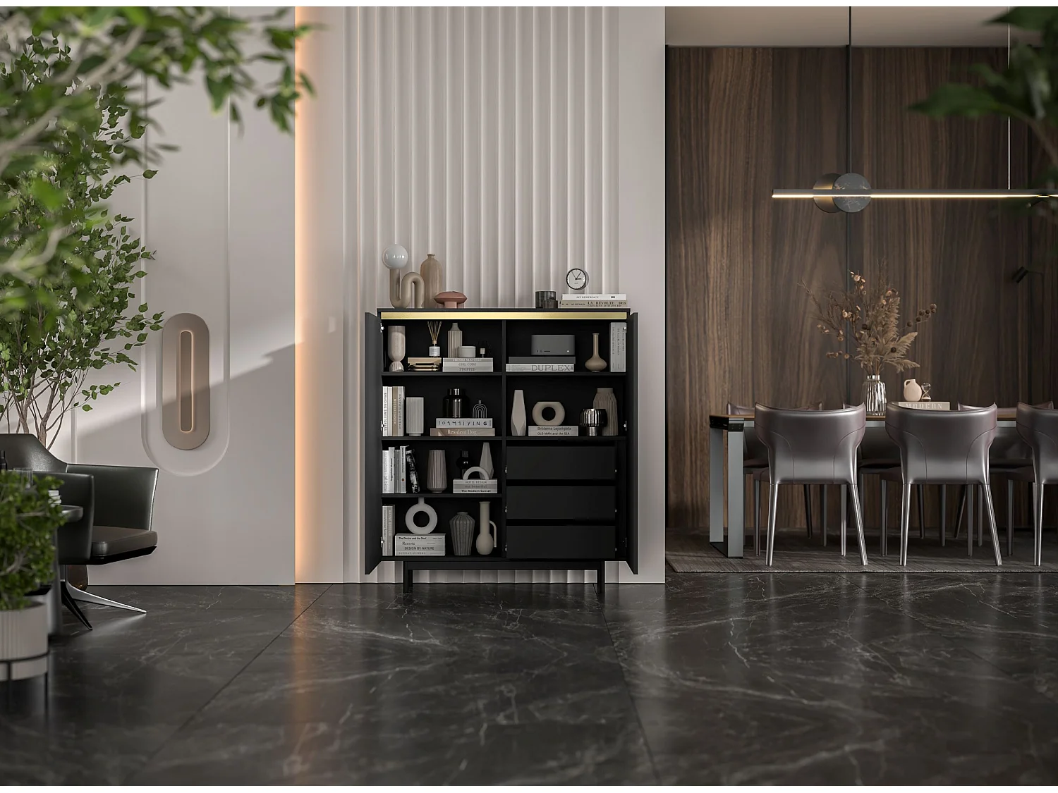Commode à 2 portes – corps noir mat, façades rainurées noir mat – 111 cm, Cadre en métal noir