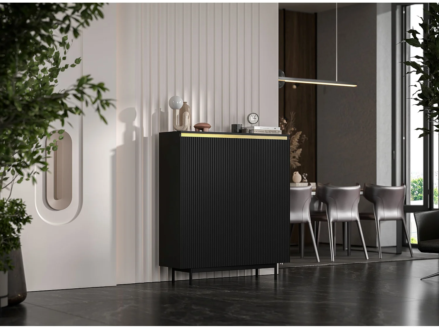 Commode à 2 portes – corps noir mat, façades rainurées noir mat – 111 cm, Cadre en métal noir