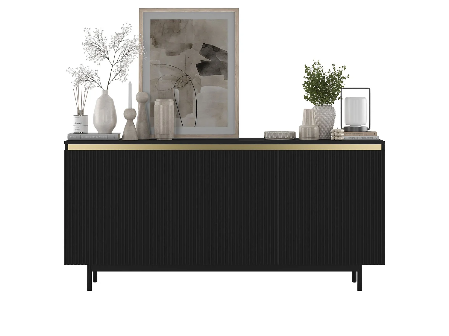 Commode à 3 portes – corps noir mat, façades rainurées noir mat – 167cm, Cadre en métal noir