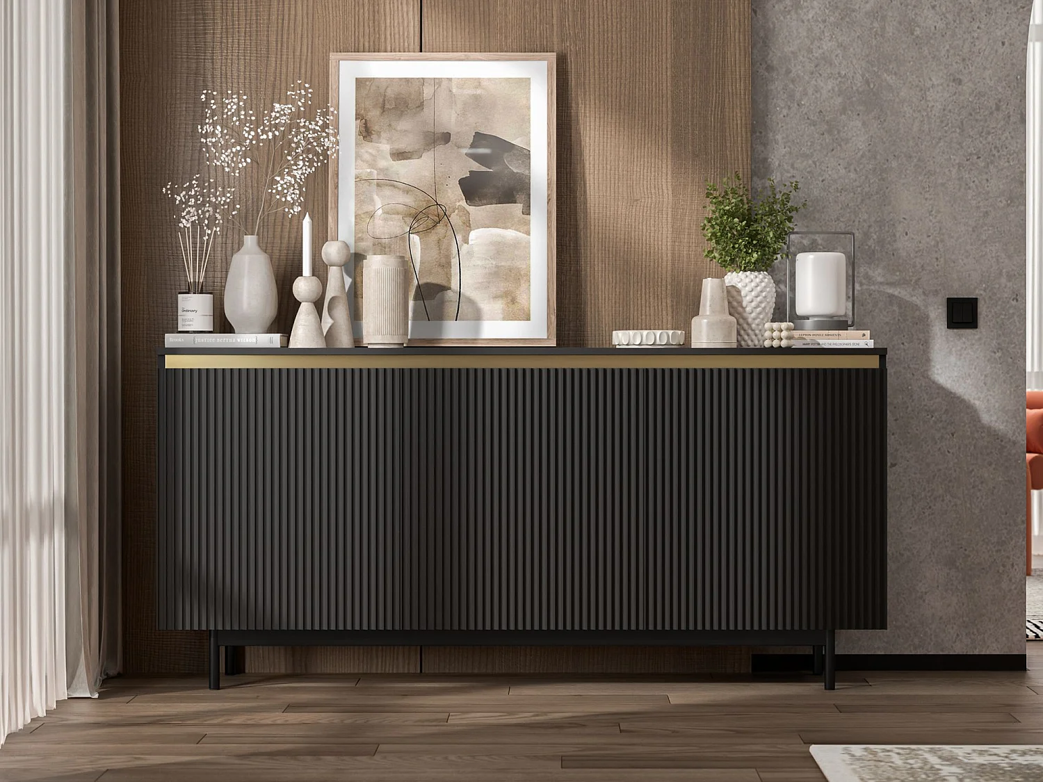 Commode à 3 portes – corps noir mat, façades rainurées noir mat – 167cm, Cadre en métal noir