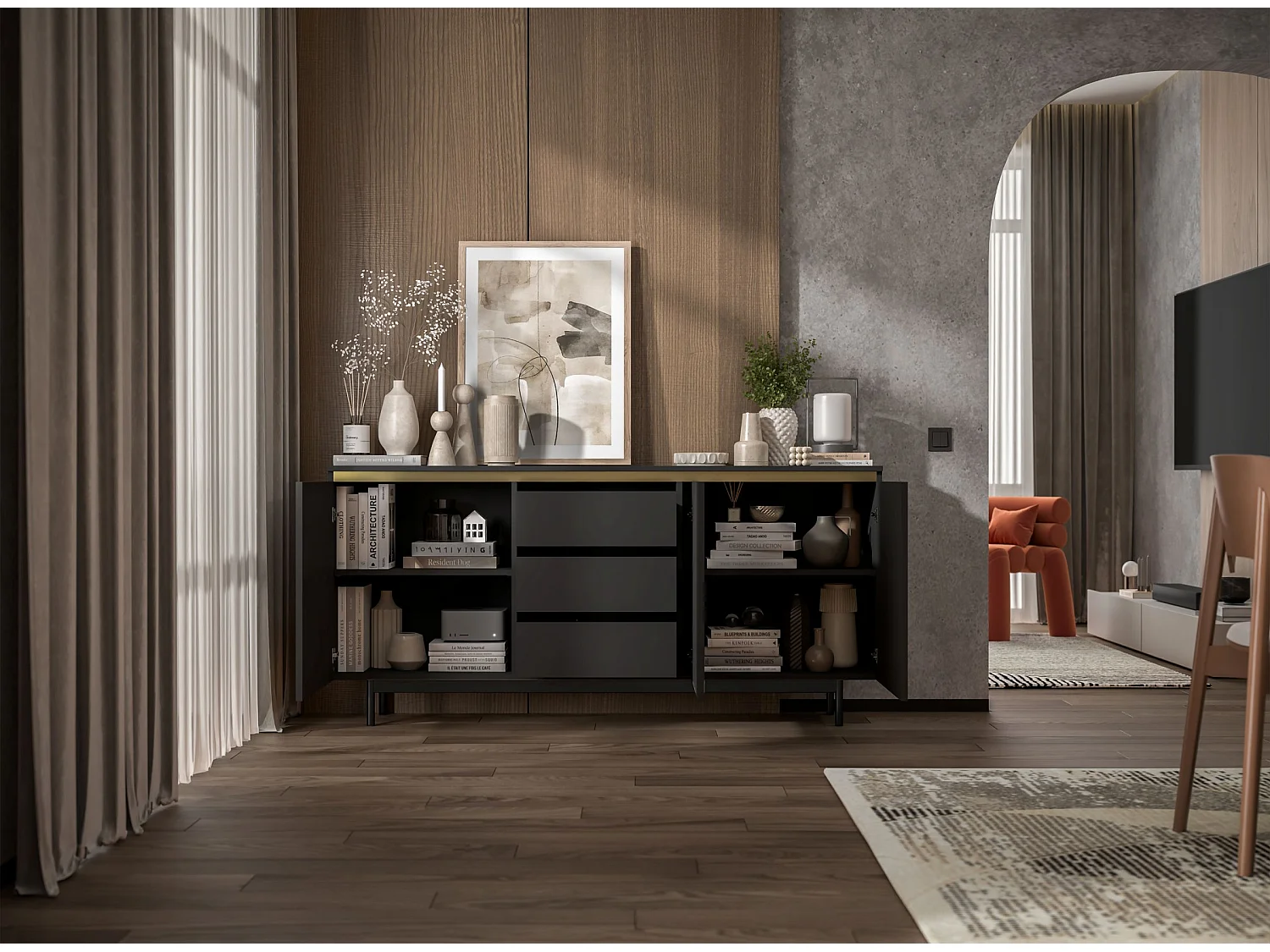 Commode à 3 portes – corps noir mat, façades rainurées noir mat – 167cm, Cadre en métal noir