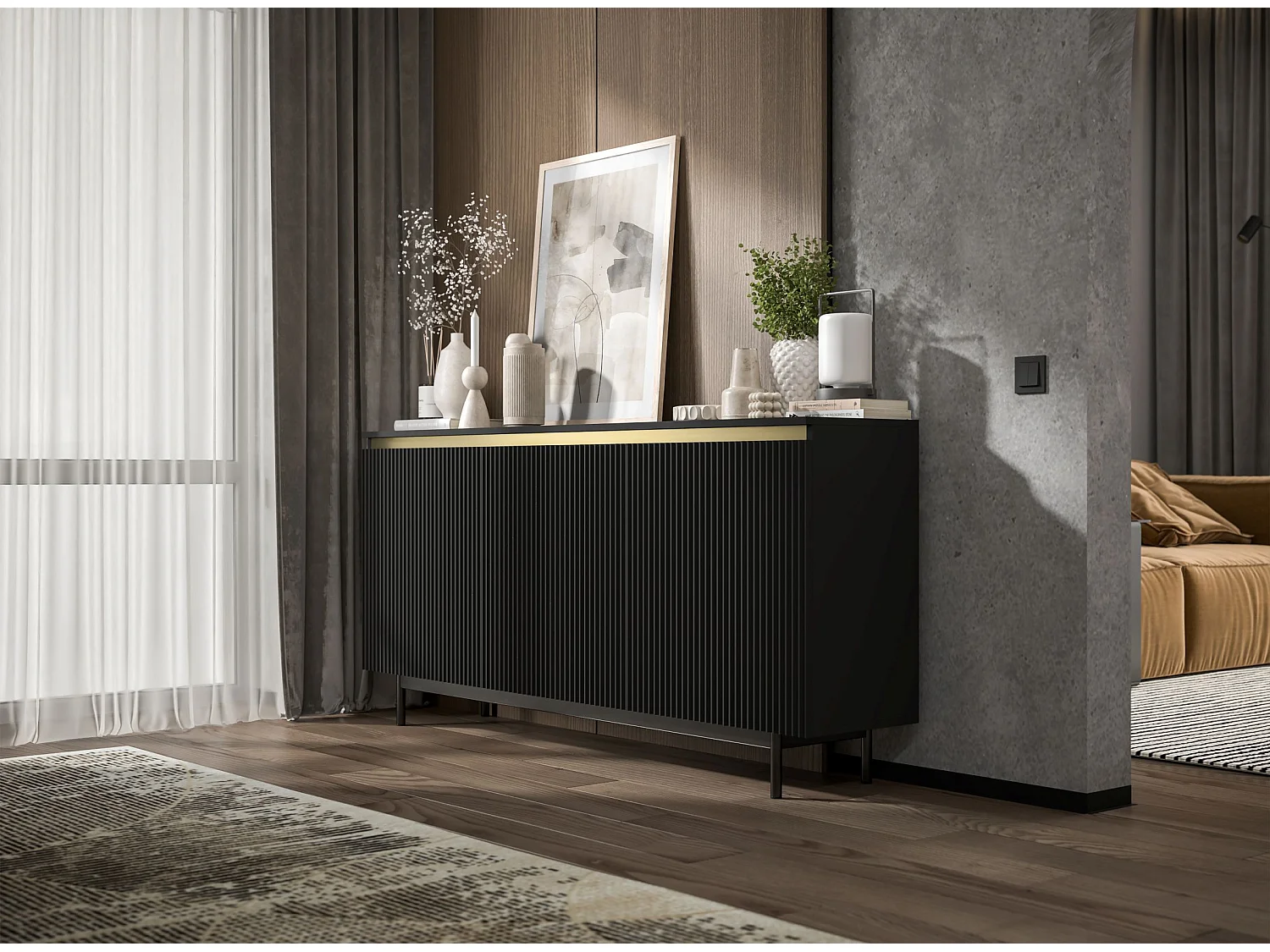 Commode à 3 portes – corps noir mat, façades rainurées noir mat – 167cm, Cadre en métal noir