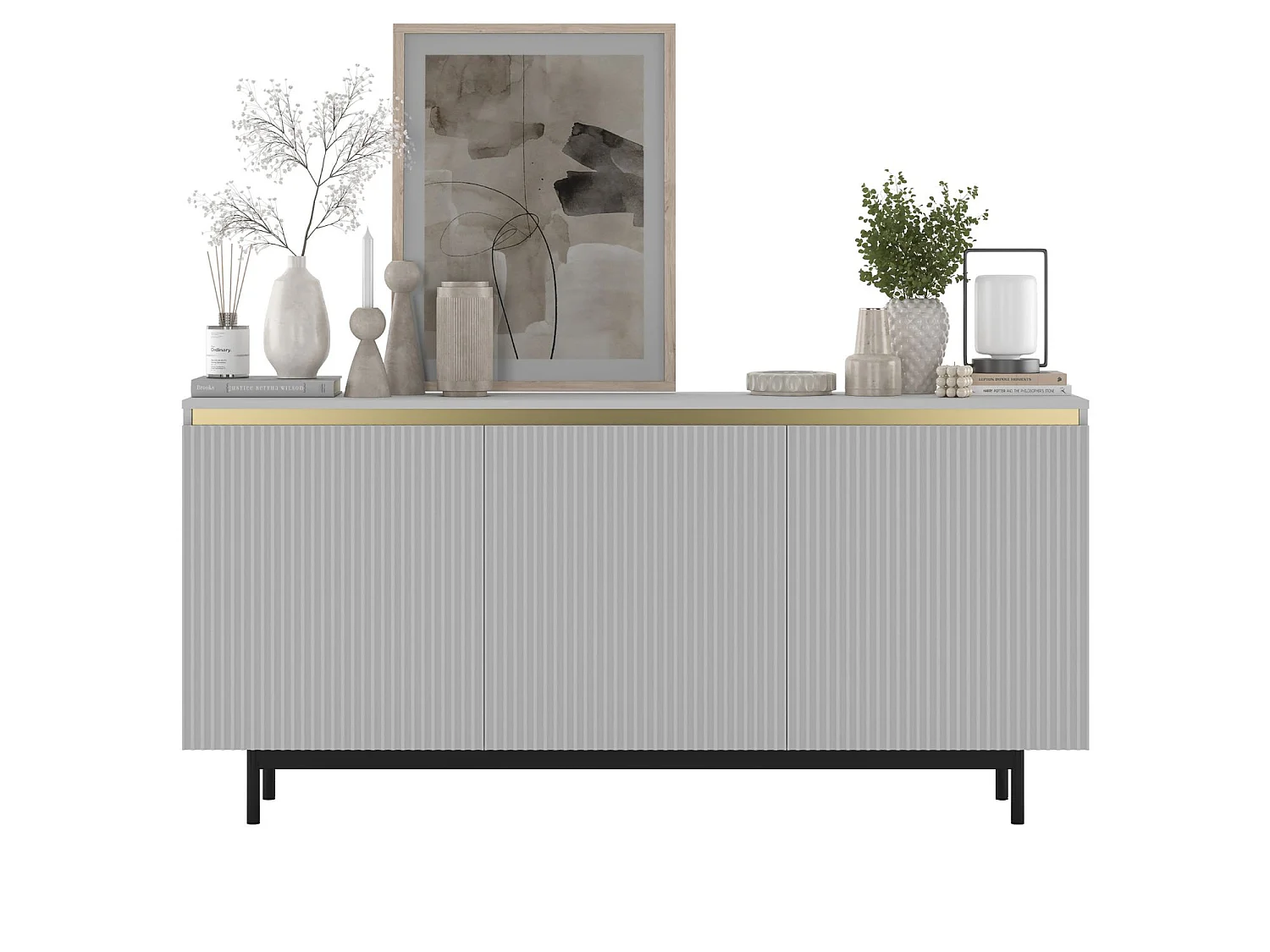 Commode à 3 portes – corps blanc mat, façades rainurées blanc mat – 167 cm, Cadre en métal noir