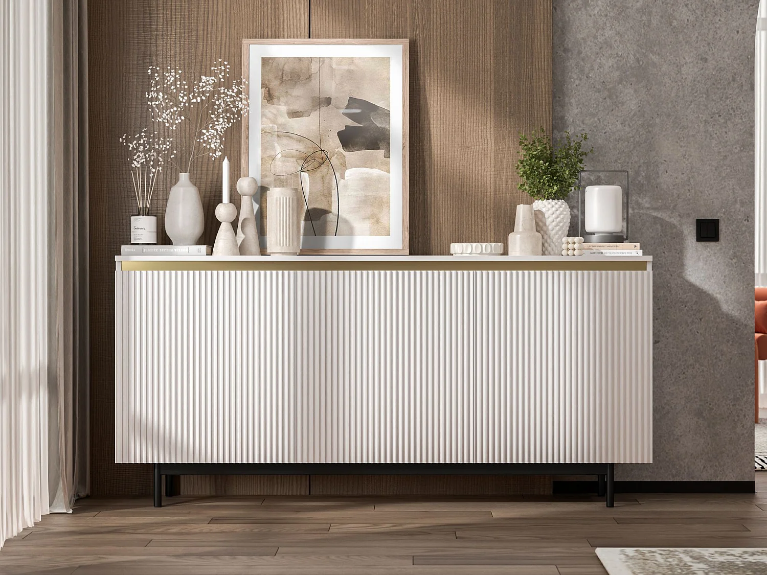 Commode à 3 portes – corps blanc mat, façades rainurées blanc mat – 167 cm, Cadre en métal noir