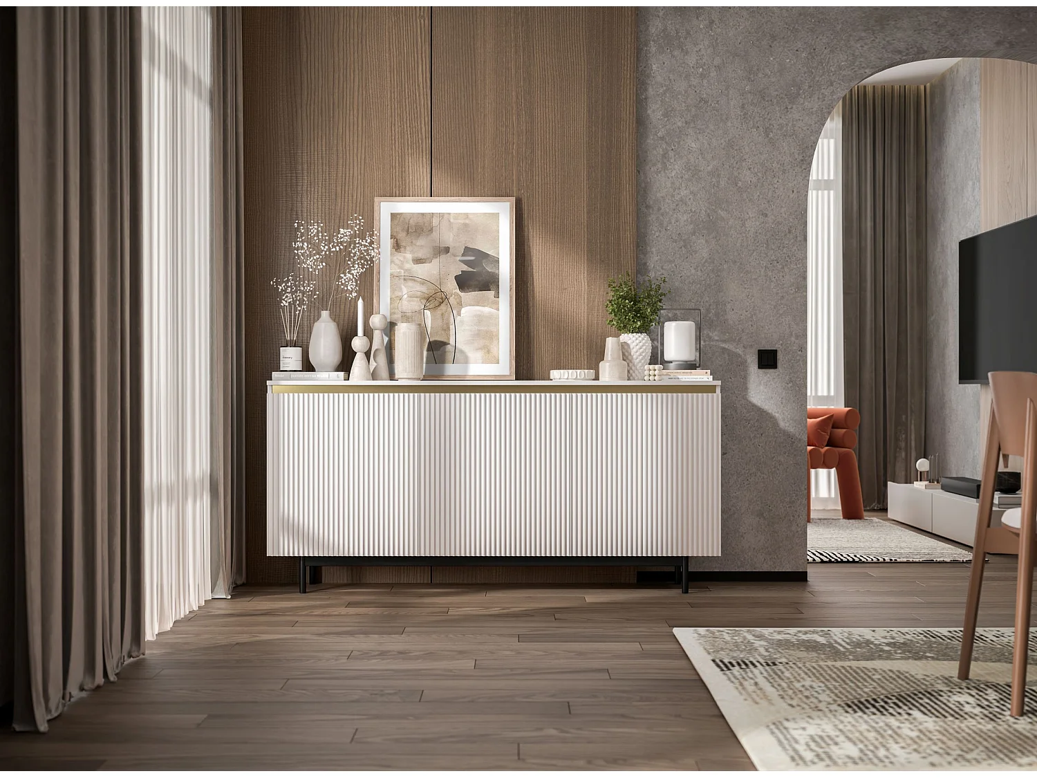 Commode à 3 portes – corps blanc mat, façades rainurées blanc mat – 167 cm, Cadre en métal noir