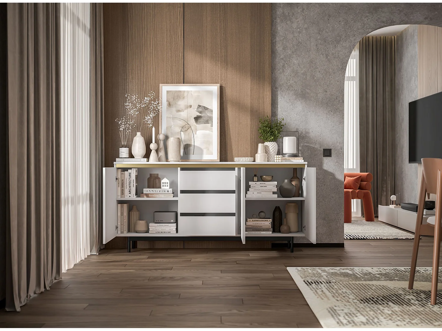 Commode à 3 portes – corps blanc mat, façades rainurées blanc mat – 167 cm, Cadre en métal noir