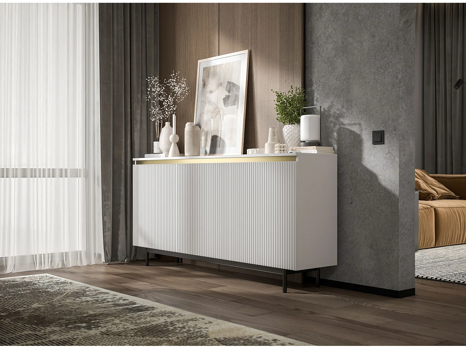 Commode à 3 portes – corps blanc mat, façades rainurées blanc mat – 167 cm, Cadre en métal noir