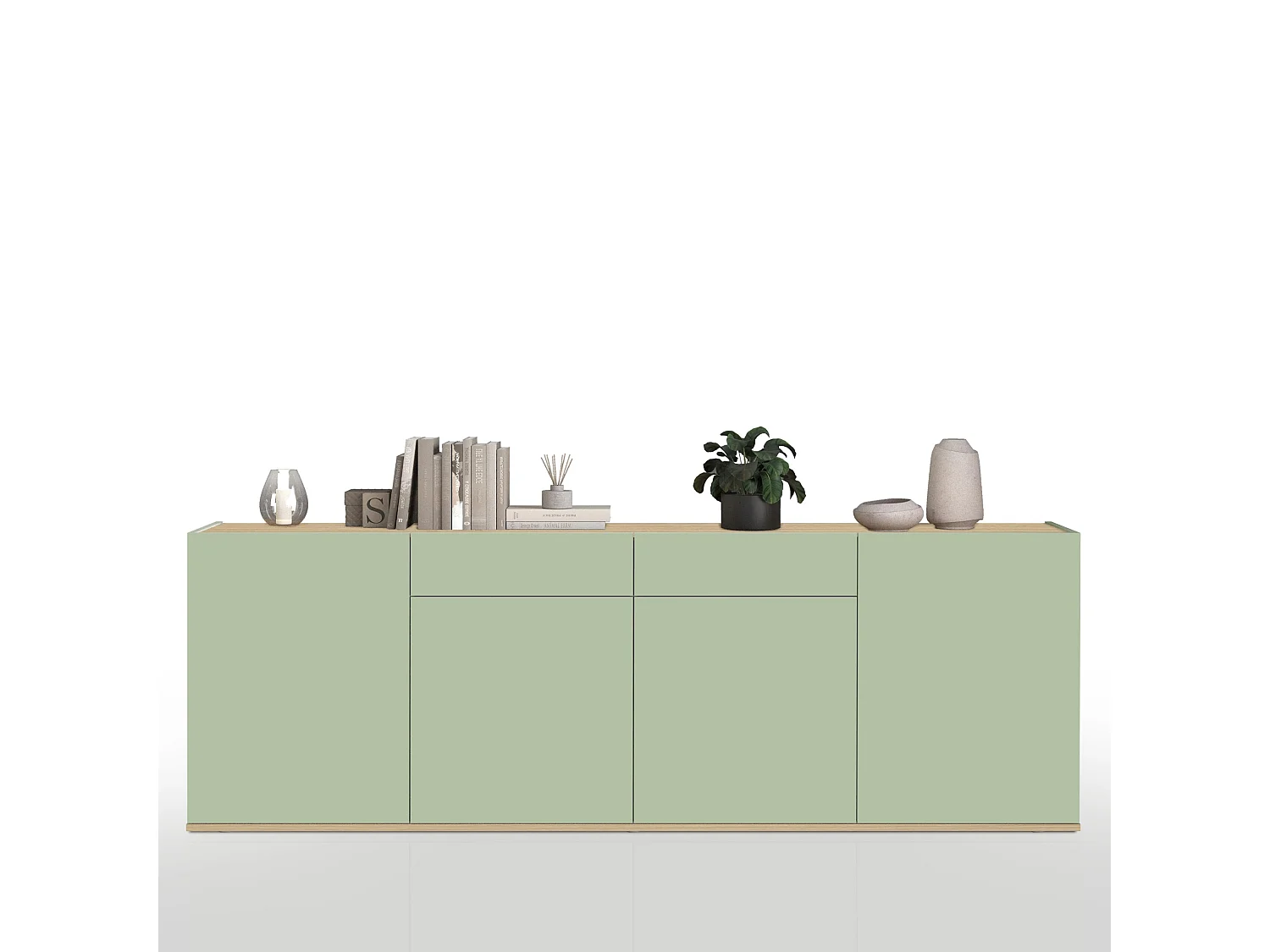 Buffet Moderne en Sauge Verte et Chêne Chopin à 4 Portes et 2 Tiroirs 200x35x71 cm par GARDA