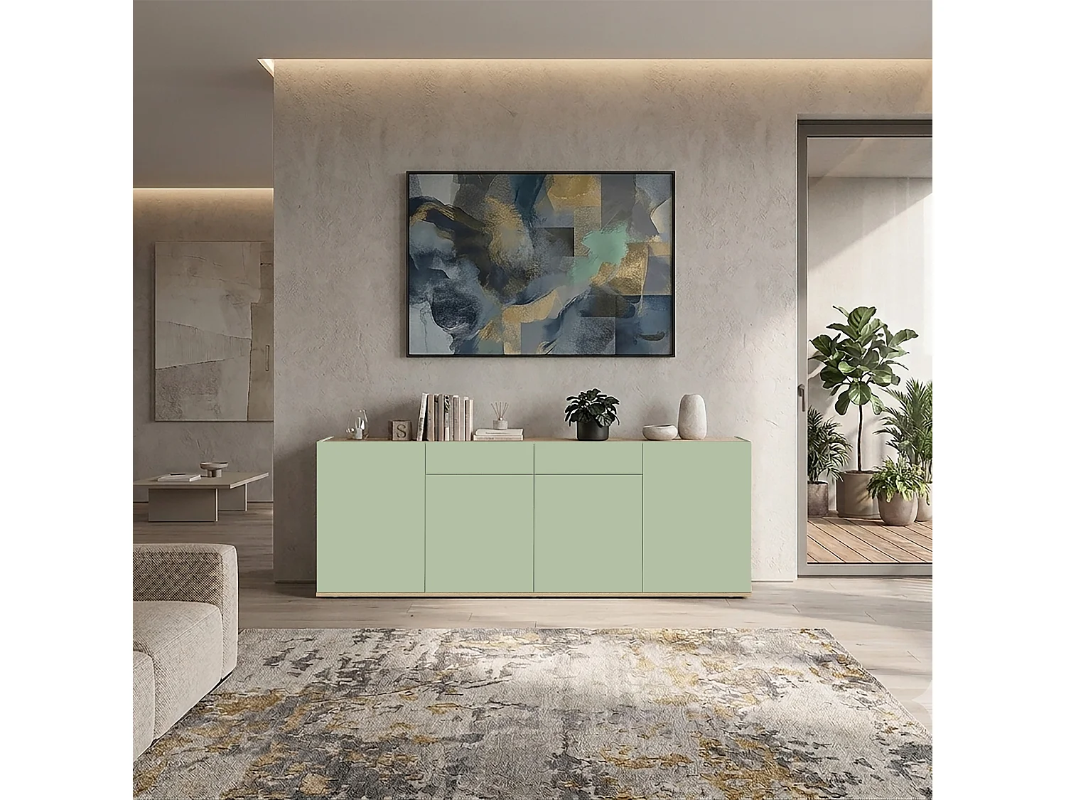 Buffet Moderne en Sauge Verte et Chêne Chopin à 4 Portes et 2 Tiroirs 200x35x71 cm par GARDA