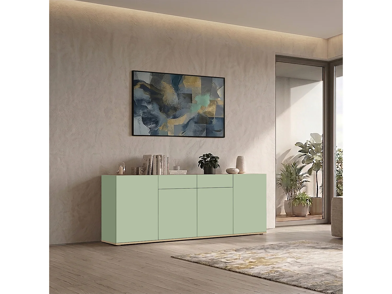 Buffet Moderne en Sauge Verte et Chêne Chopin à 4 Portes et 2 Tiroirs 200x35x71 cm par GARDA