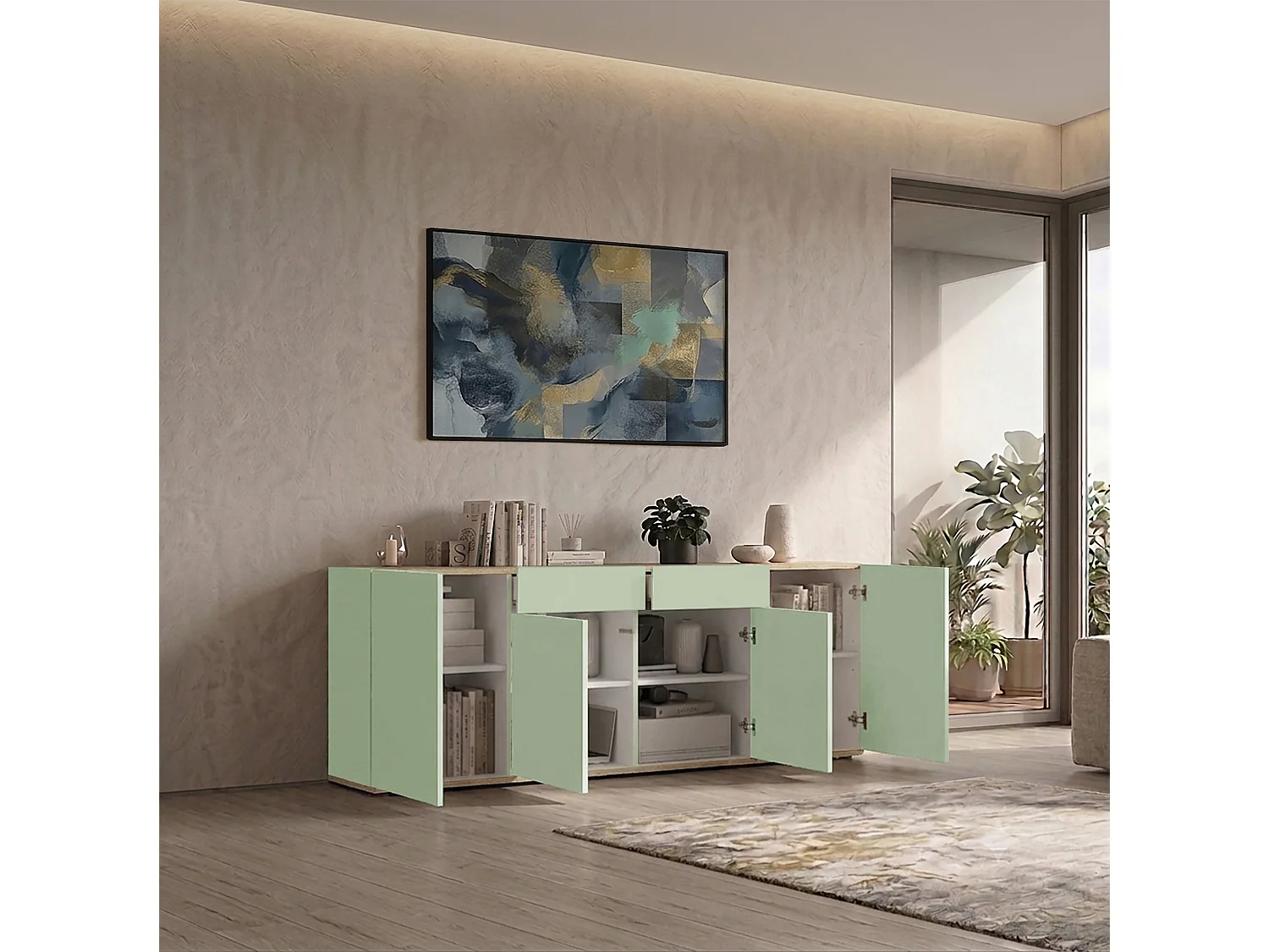 Buffet Moderne en Sauge Verte et Chêne Chopin à 4 Portes et 2 Tiroirs 200x35x71 cm par GARDA