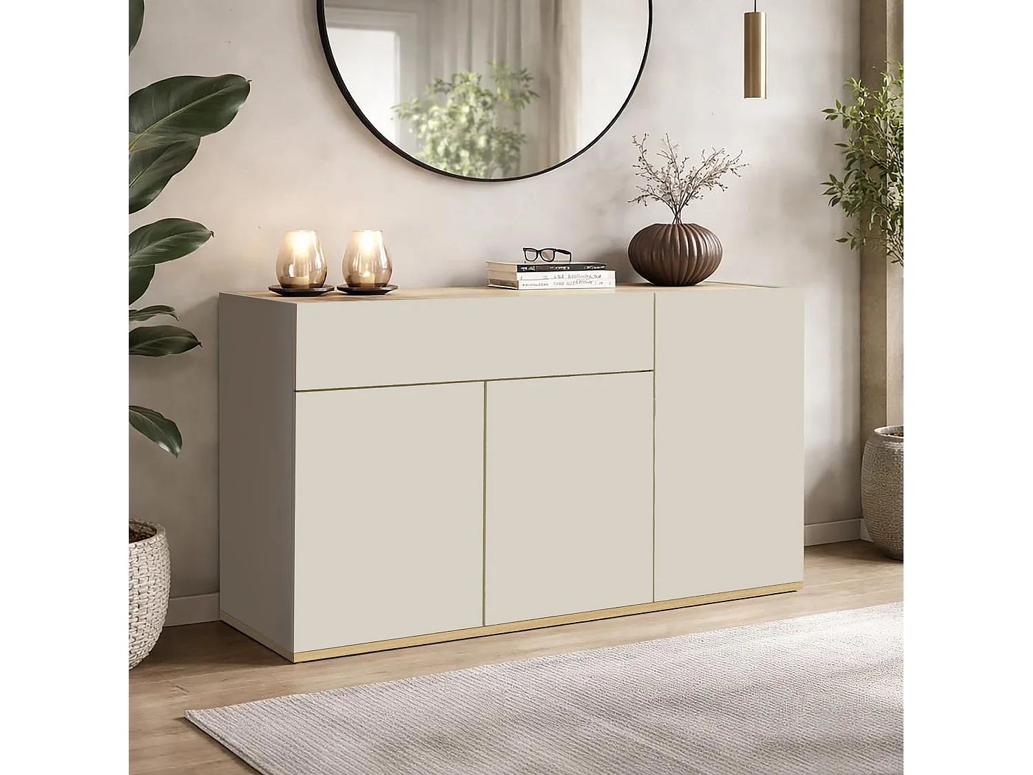 Buffet moderne et fonctionnel avec 3 portes et 1 tiroir Cashmere/Chêne Chopin 120.1x35x70 cm