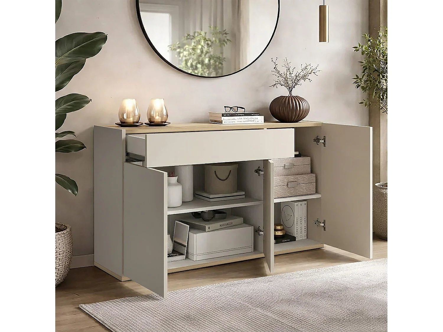 Buffet moderne et fonctionnel avec 3 portes et 1 tiroir Cashmere/Chêne Chopin 120.1x35x70 cm