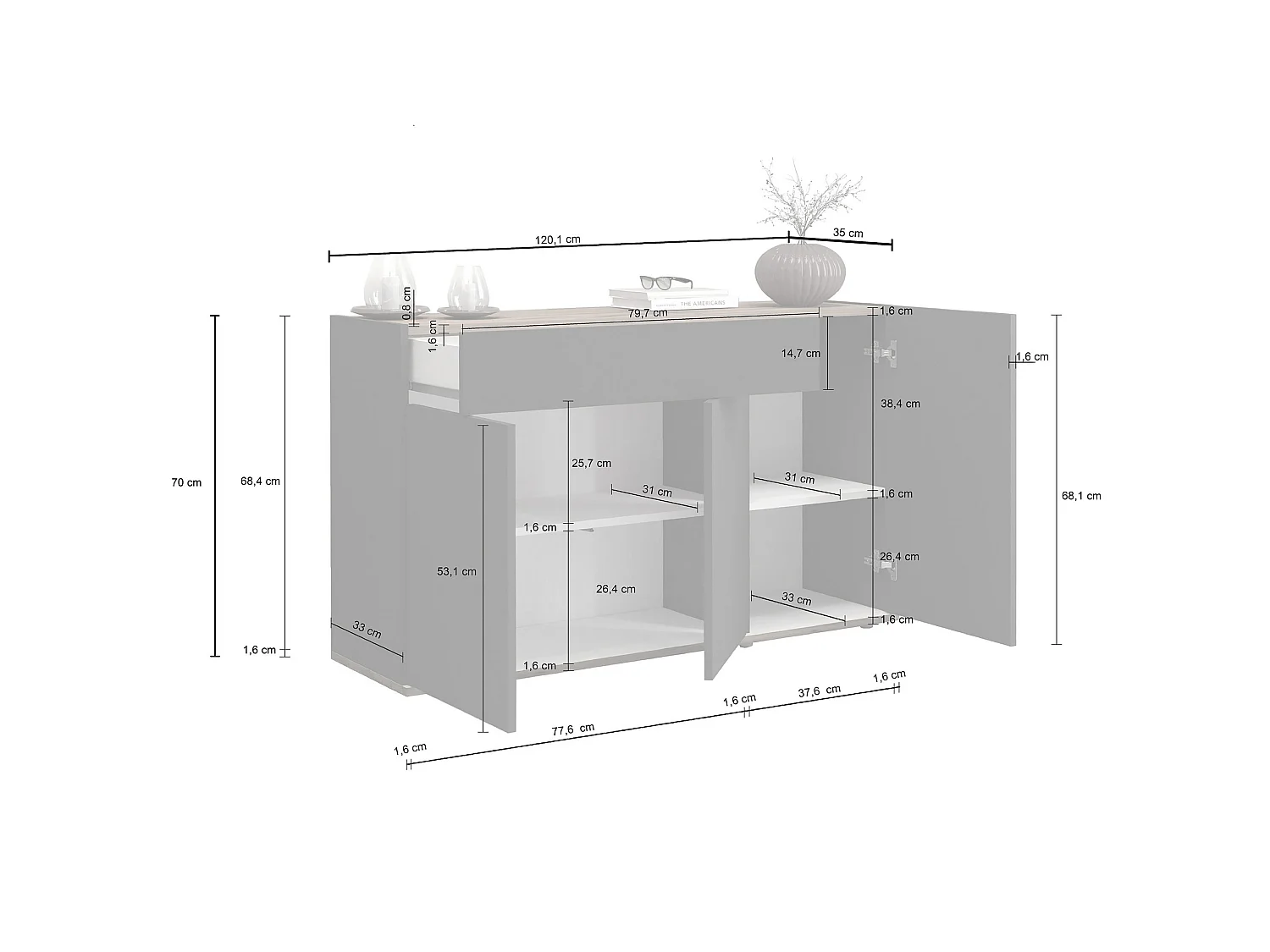 Buffet moderne et fonctionnel avec 3 portes et 1 tiroir Cashmere/Chêne Chopin 120.1x35x70 cm