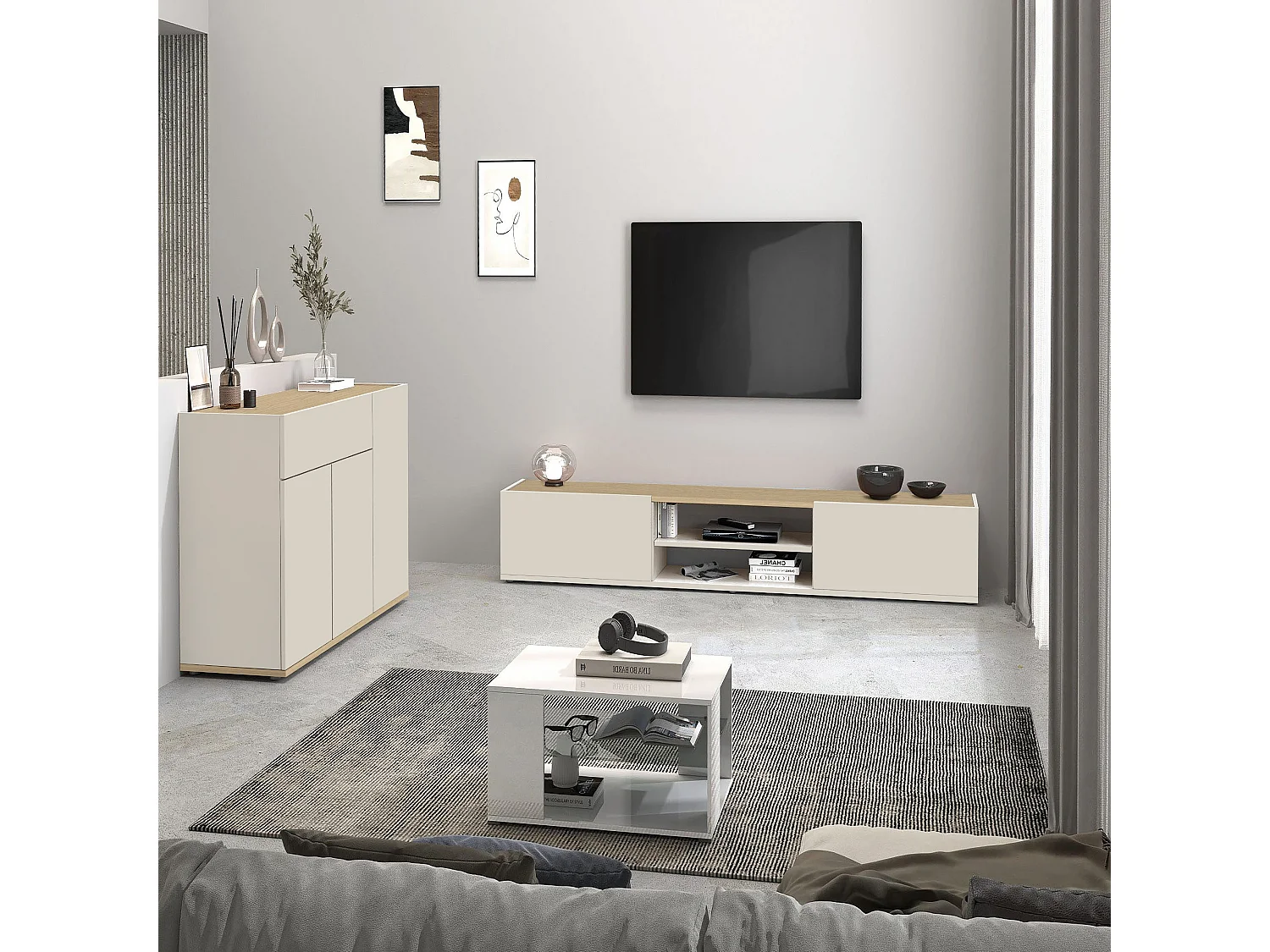 Buffet moderne et fonctionnel avec 3 portes et 1 tiroir Cashmere/Chêne Chopin 120.1x35x70 cm