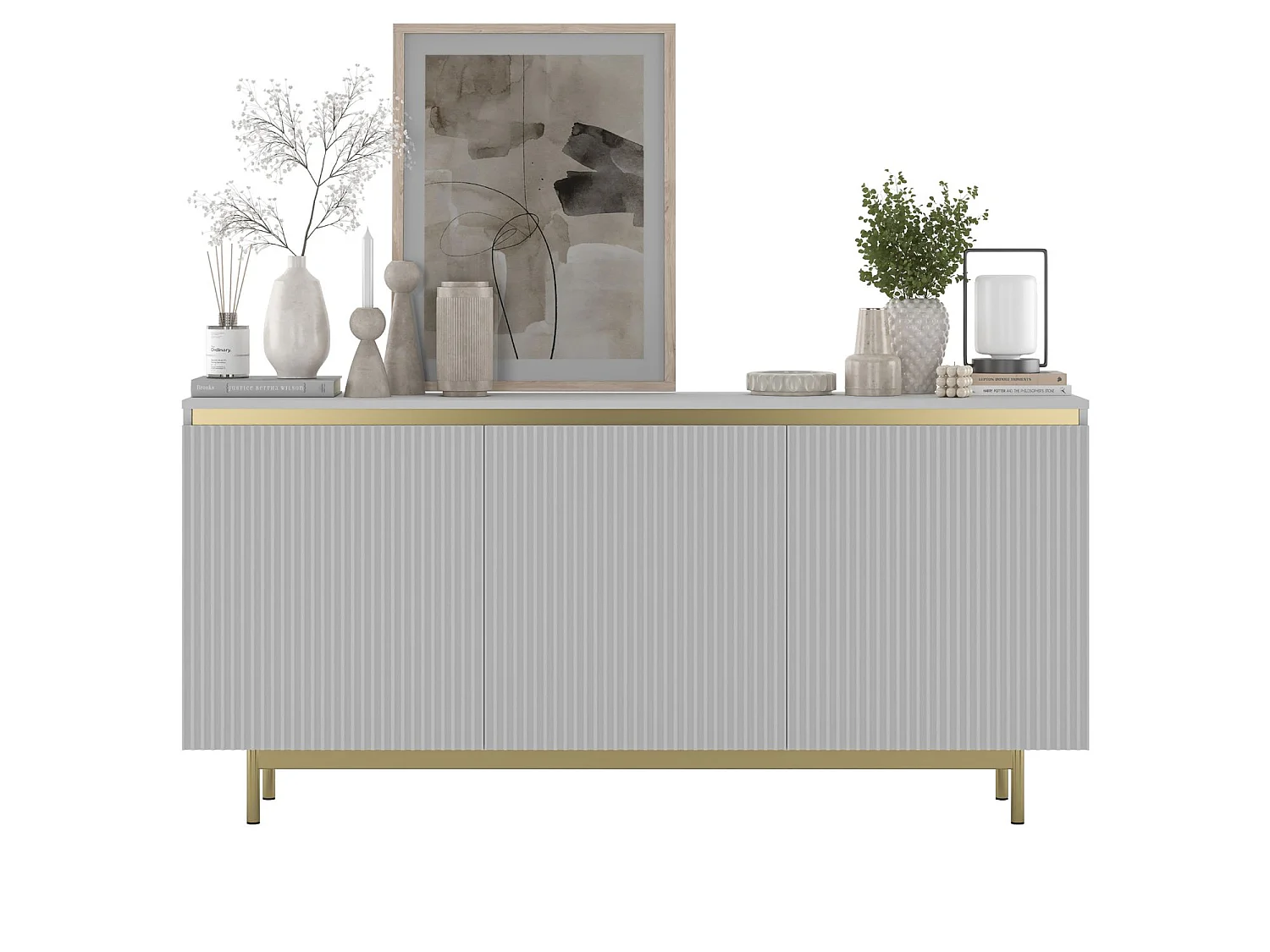 Commode à 3 portes – corps blanc mat, façades rainurées blanc mat – 167 cm, Cadre en métal doré