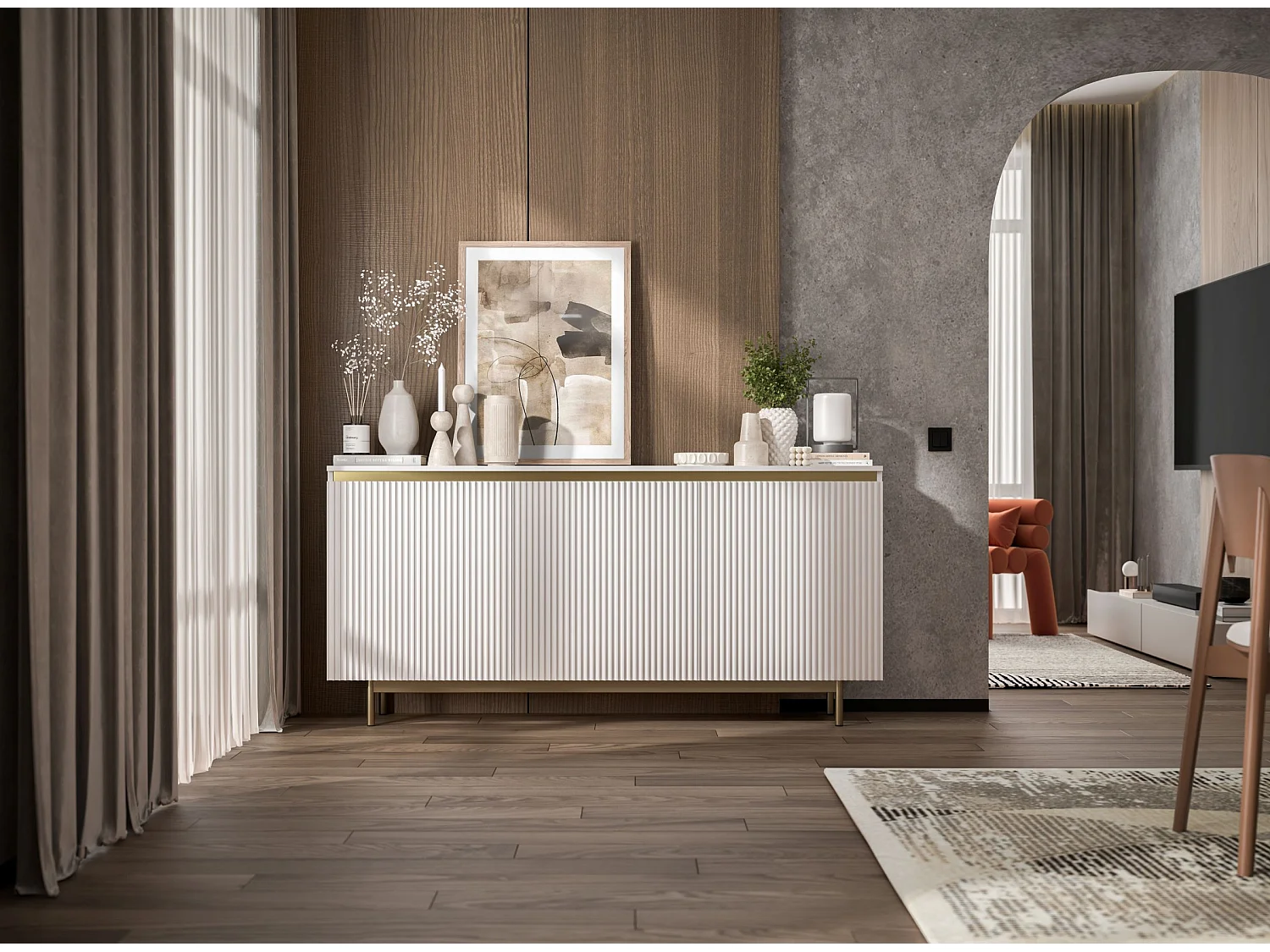 Commode à 3 portes – corps blanc mat, façades rainurées blanc mat – 167 cm, Cadre en métal doré