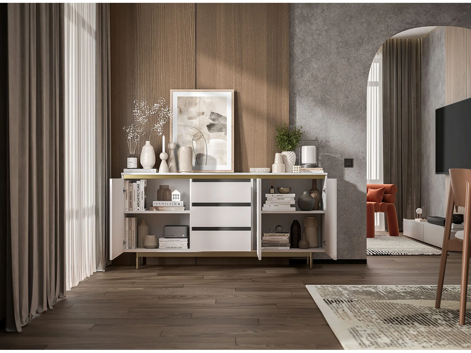 Commode à 3 portes – corps blanc mat, façades rainurées blanc mat – 167 cm, Cadre en métal doré