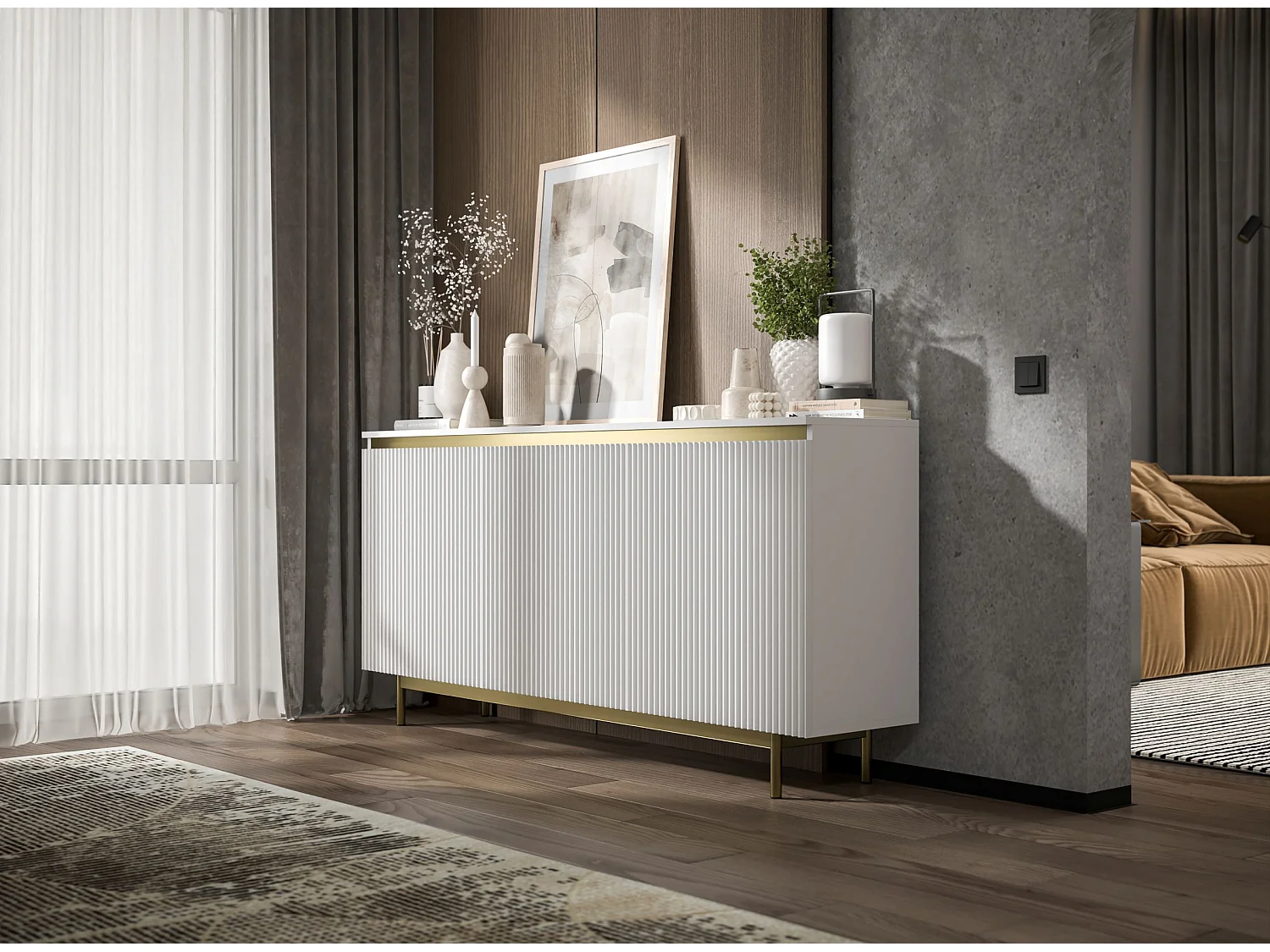 Commode à 3 portes – corps blanc mat, façades rainurées blanc mat – 167 cm, Cadre en métal doré