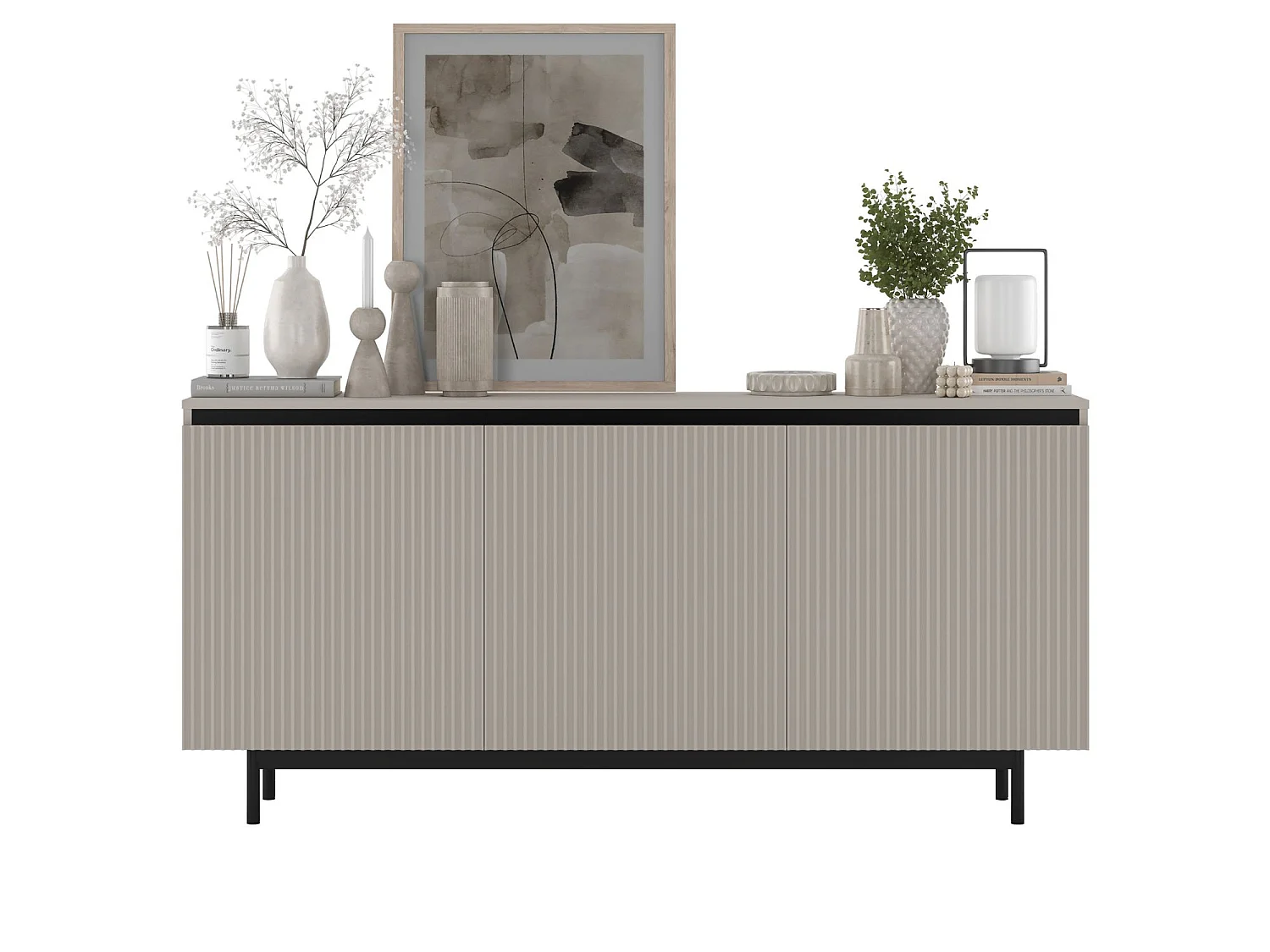 Commode à 3 portes – corps cachemire mat, façades rainurées cachemire mat – 167 cm, Cadre en métal noir