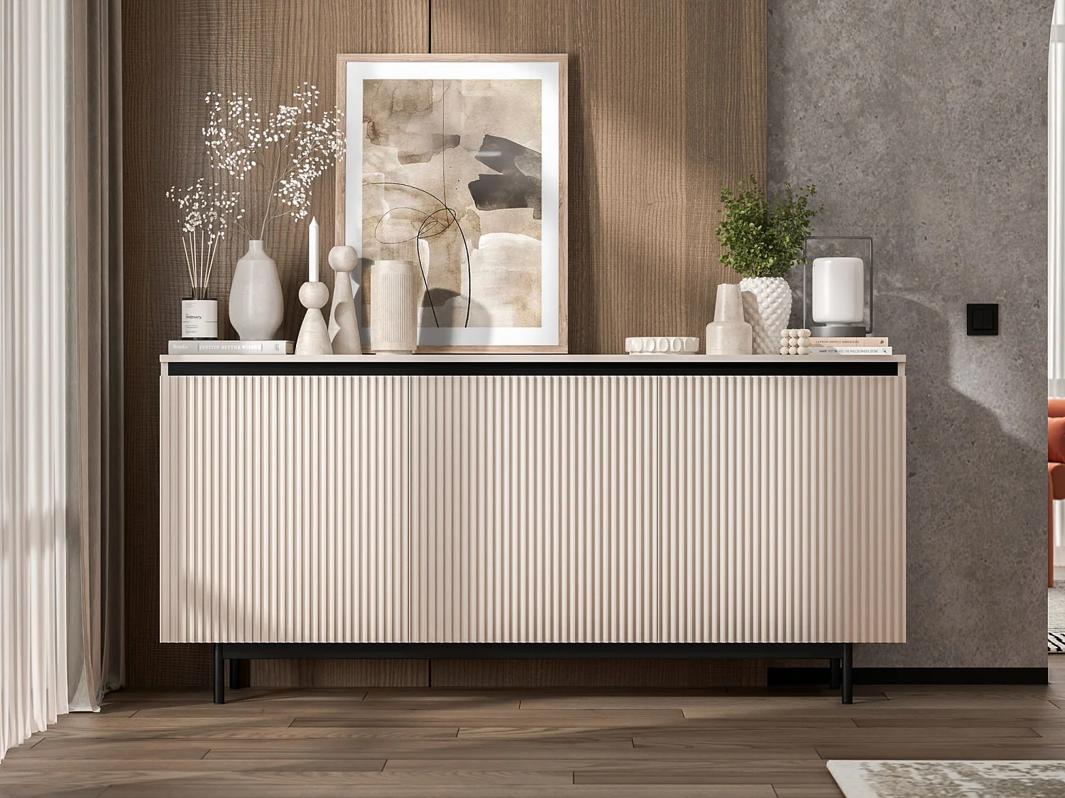 Commode à 3 portes – corps cachemire mat, façades rainurées cachemire mat – 167 cm, Cadre en métal noir