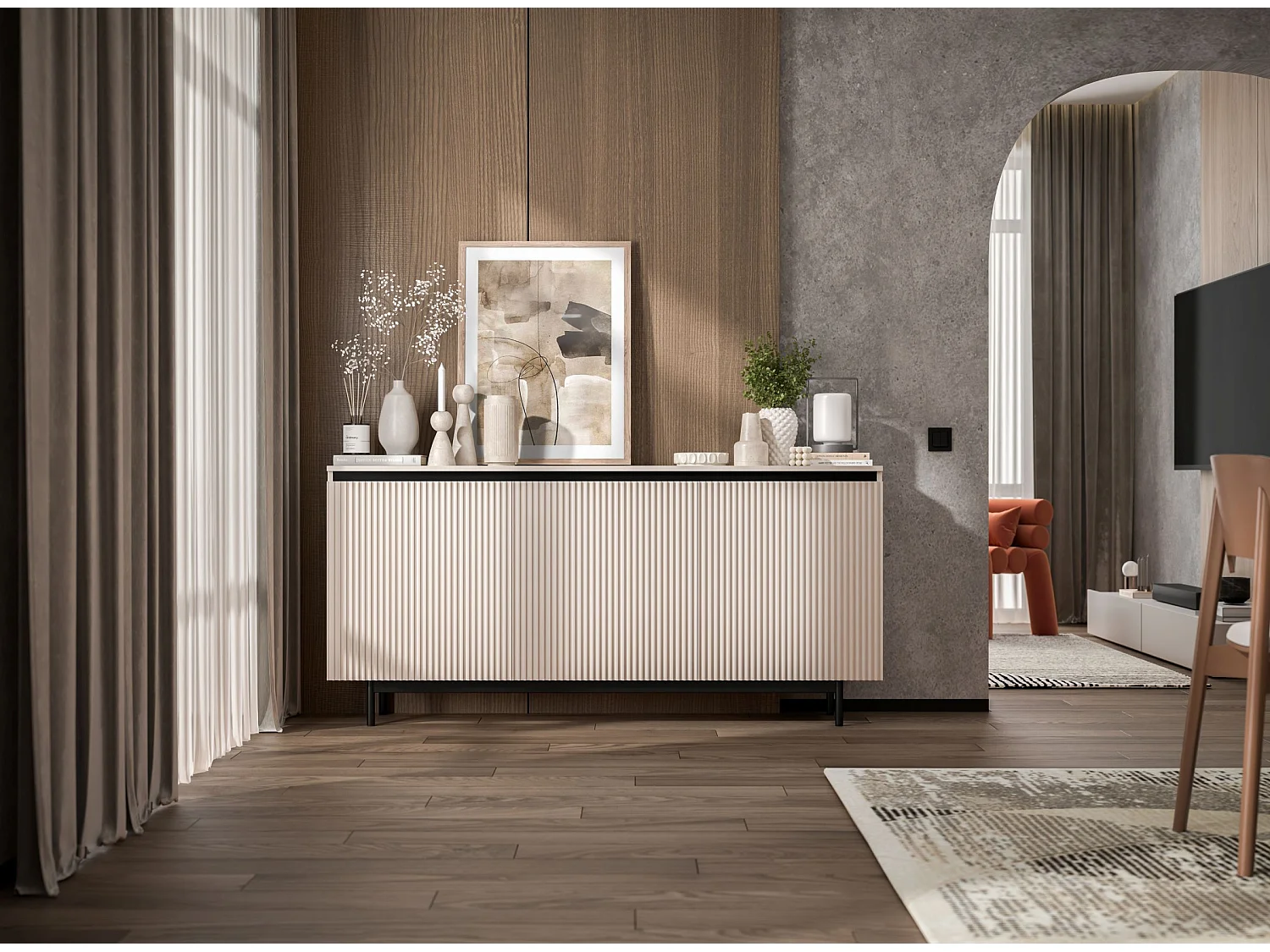 Commode à 3 portes – corps cachemire mat, façades rainurées cachemire mat – 167 cm, Cadre en métal noir