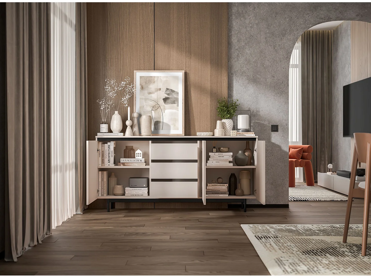 Commode à 3 portes – corps cachemire mat, façades rainurées cachemire mat – 167 cm, Cadre en métal noir