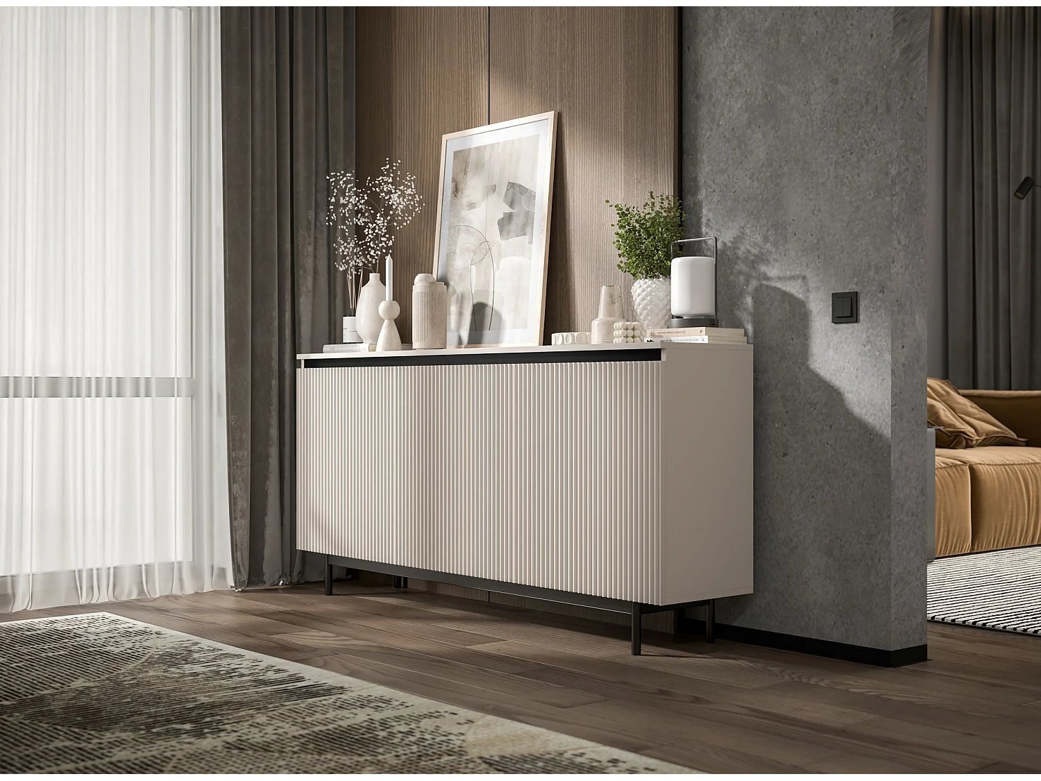 Commode à 3 portes – corps cachemire mat, façades rainurées cachemire mat – 167 cm, Cadre en métal noir