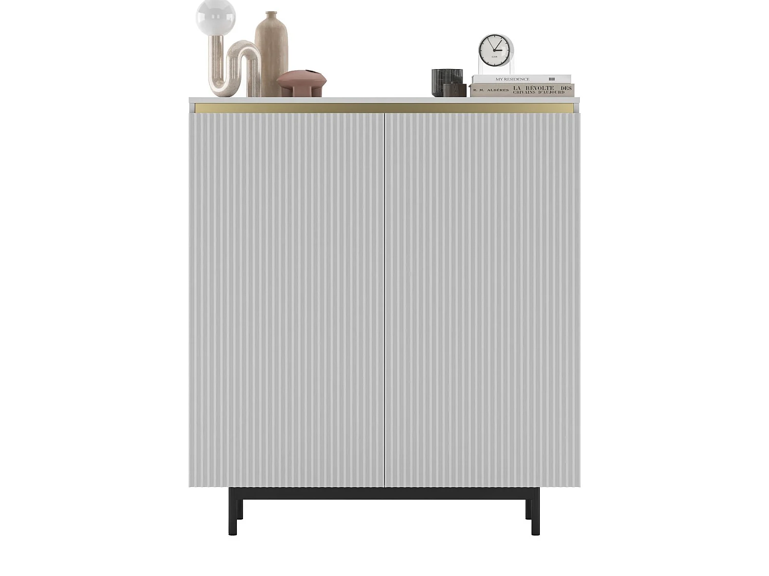 Commode à 2 portes – corps blanc mat, façades rainurées blanc mat – 111 cm, Cadre en métal noir