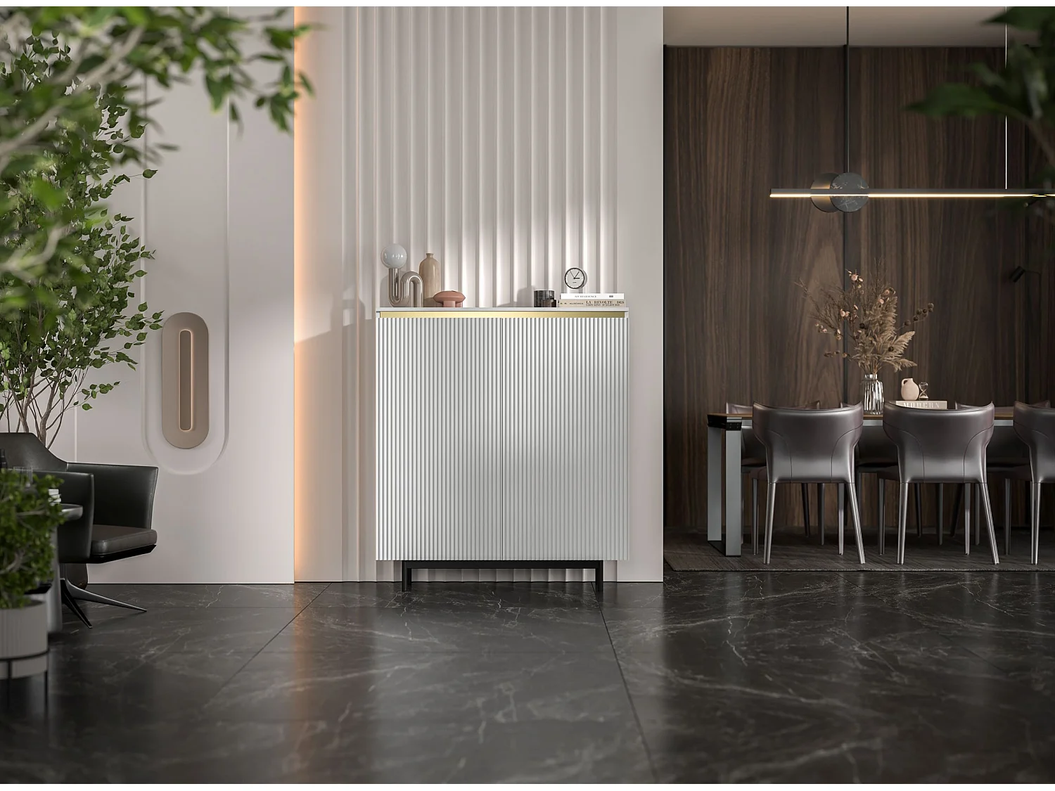 Commode à 2 portes – corps blanc mat, façades rainurées blanc mat – 111 cm, Cadre en métal noir