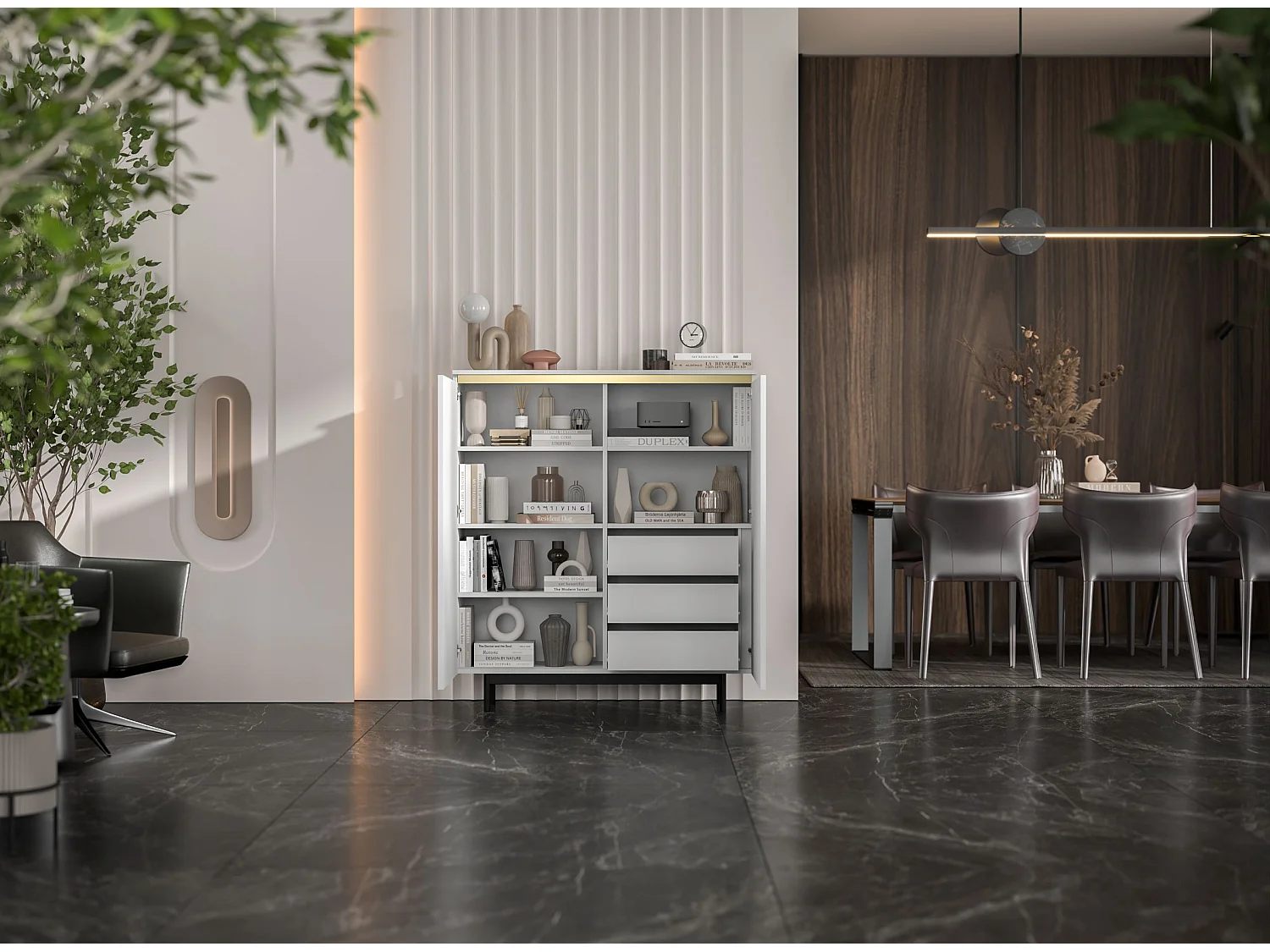 Commode à 2 portes – corps blanc mat, façades rainurées blanc mat – 111 cm, Cadre en métal noir