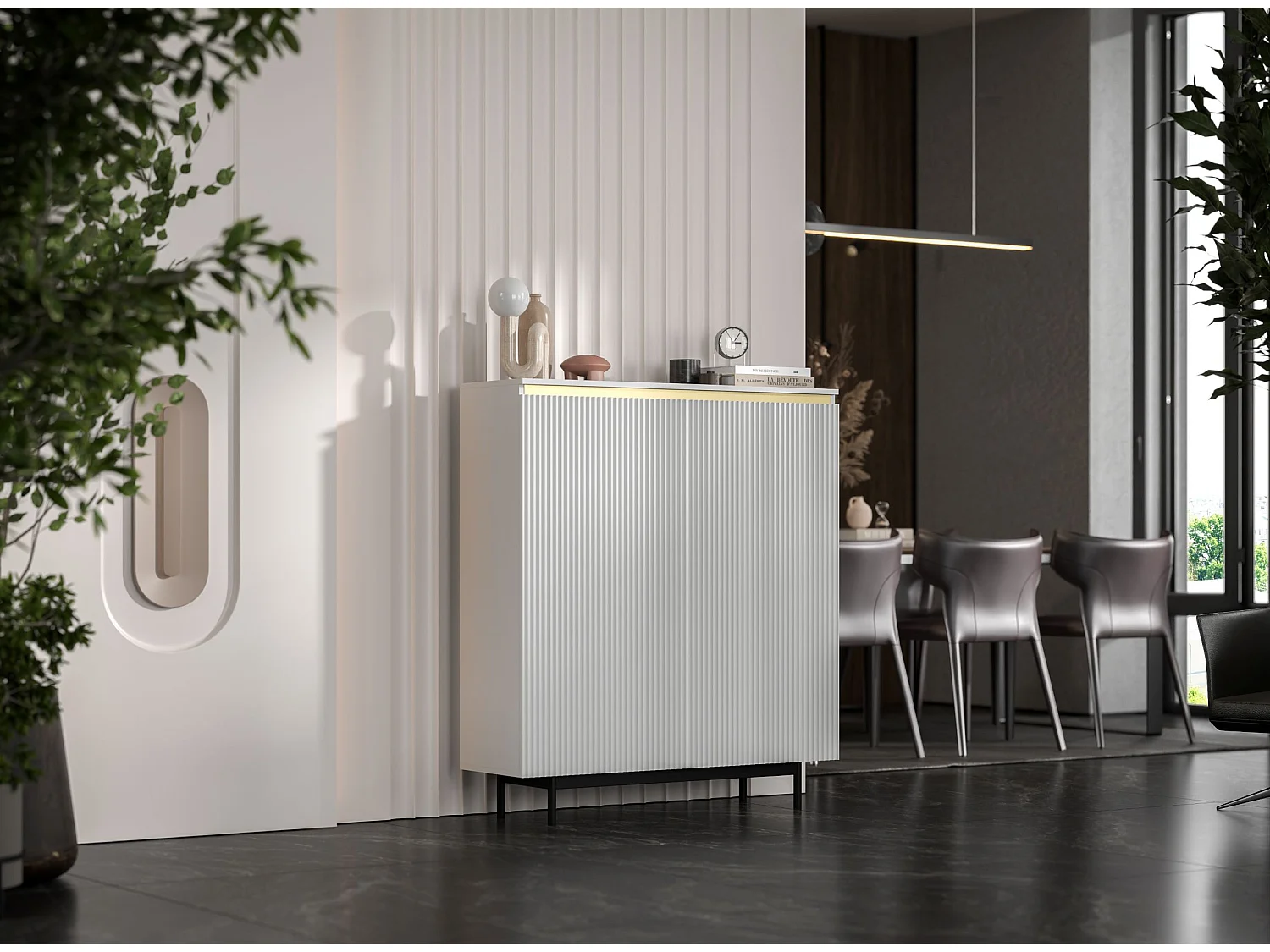 Commode à 2 portes – corps blanc mat, façades rainurées blanc mat – 111 cm, Cadre en métal noir